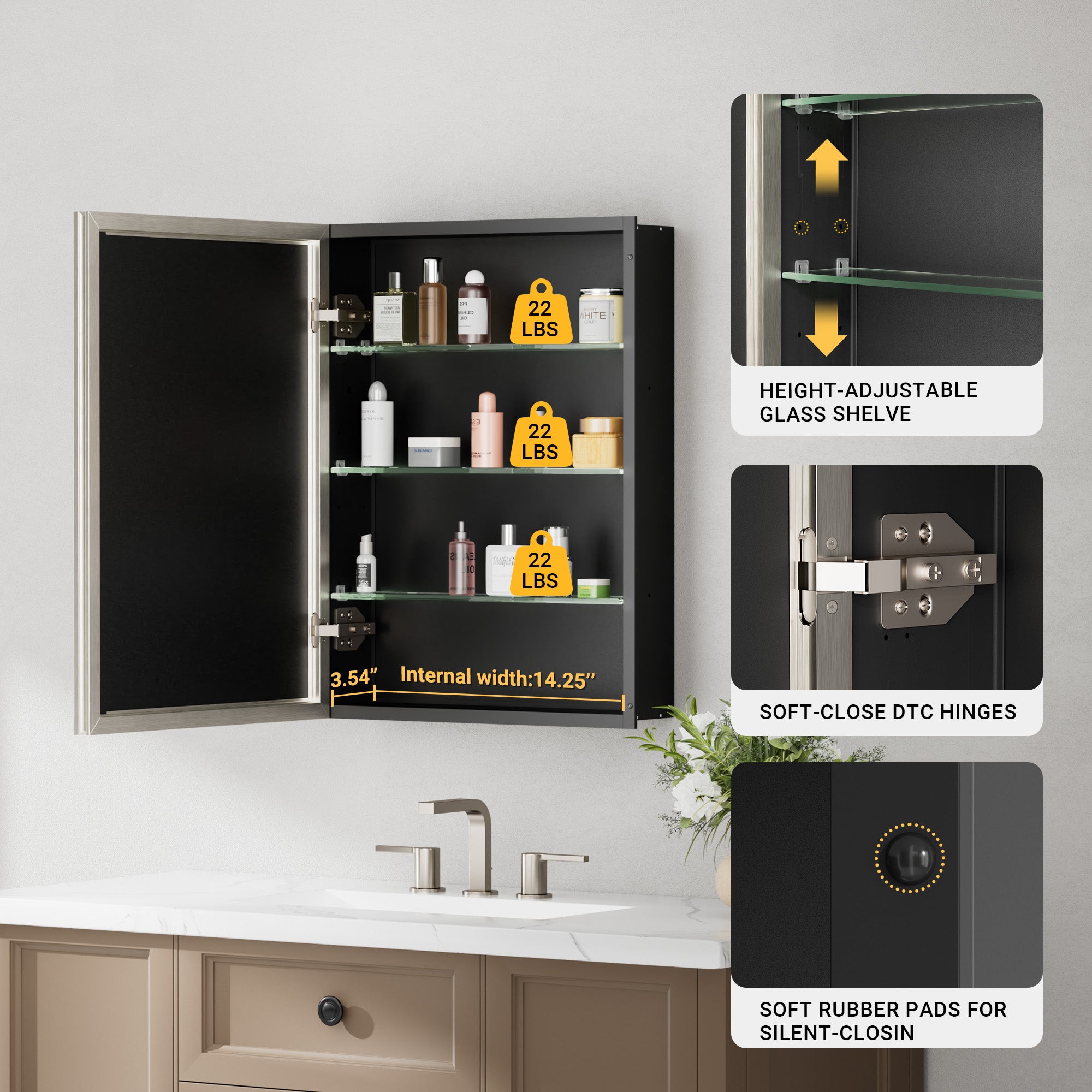 16x26'' Brushed Nickel Framed Beveled Mirror Medicine Cabinet with Adjustable Glass Shelving