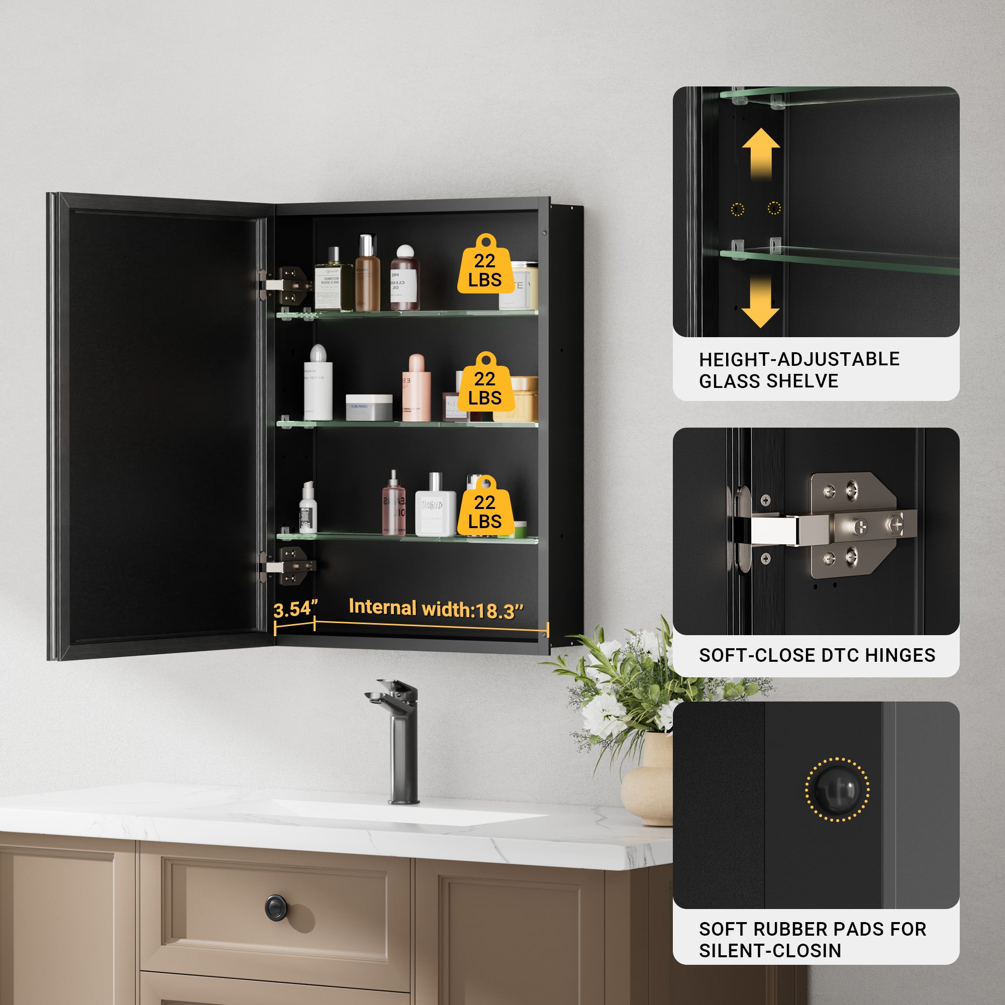 20x26'' Matte Black Framed Beveled Mirror Medicine Cabinet with Adjustable Glass Shelving