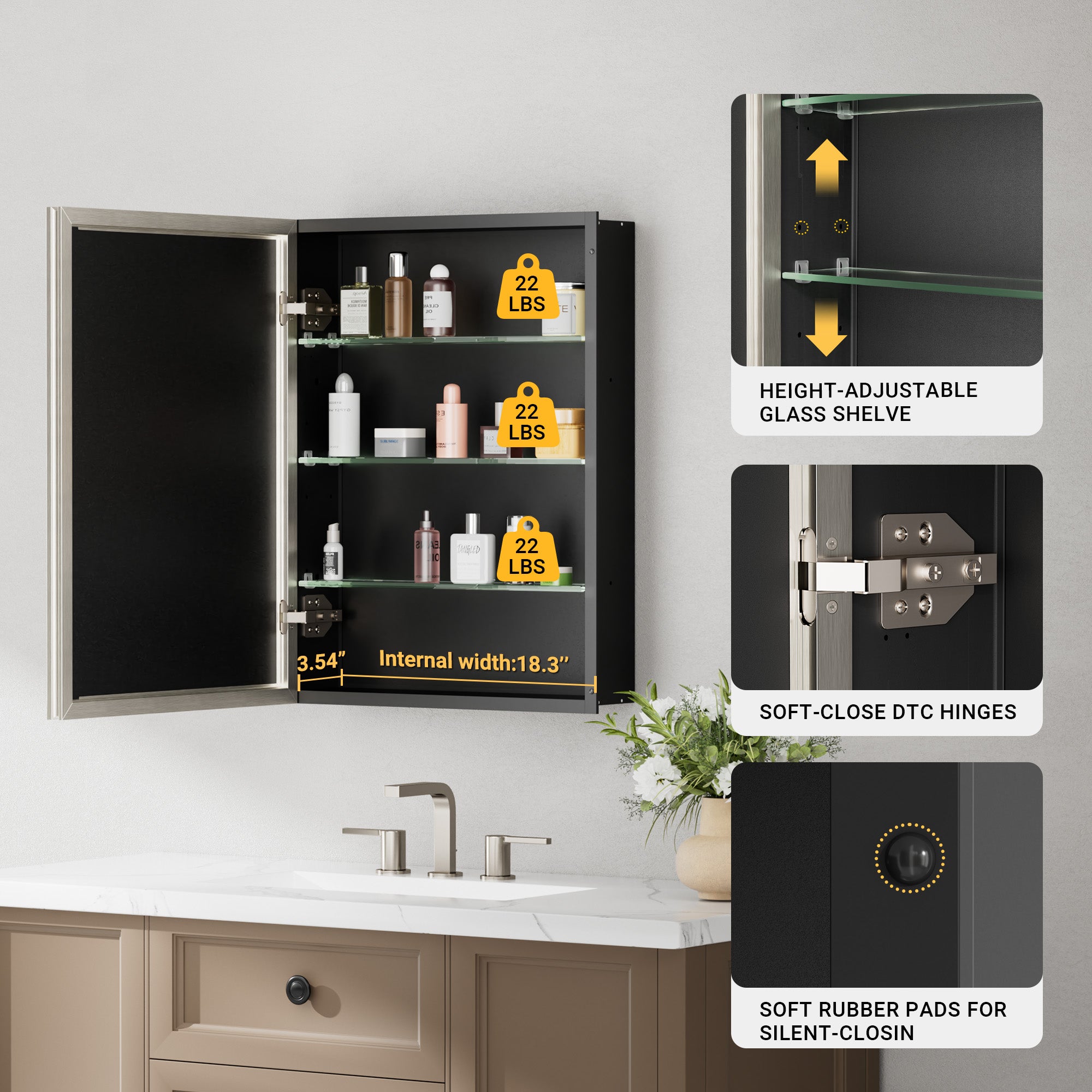 20x26'' Brushed Nickel Framed Beveled Mirror Medicine Cabinet with Adjustable Glass Shelving