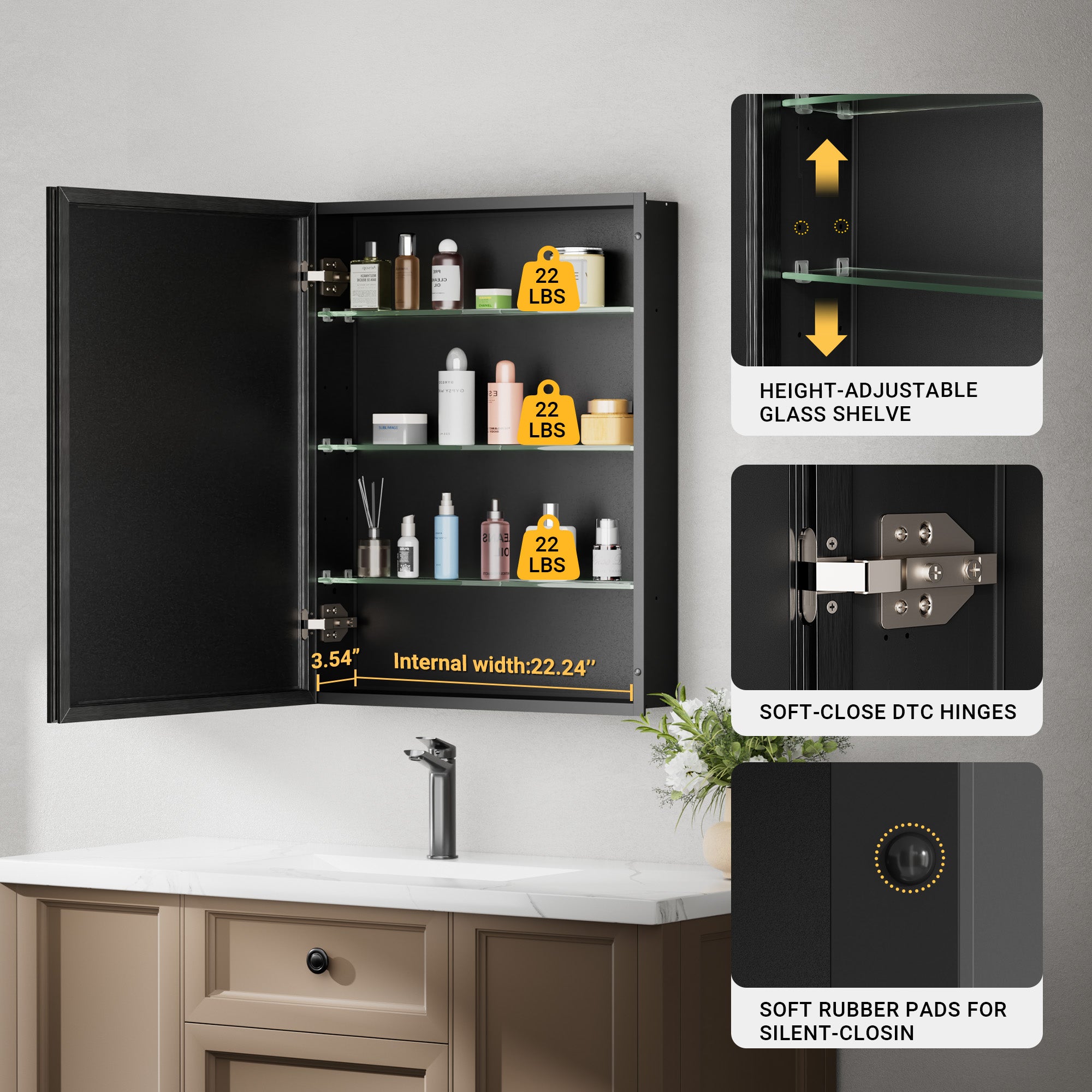 24x30'' Matte Black Framed Beveled Mirror Medicine Cabinet with Adjustable Glass Shelving