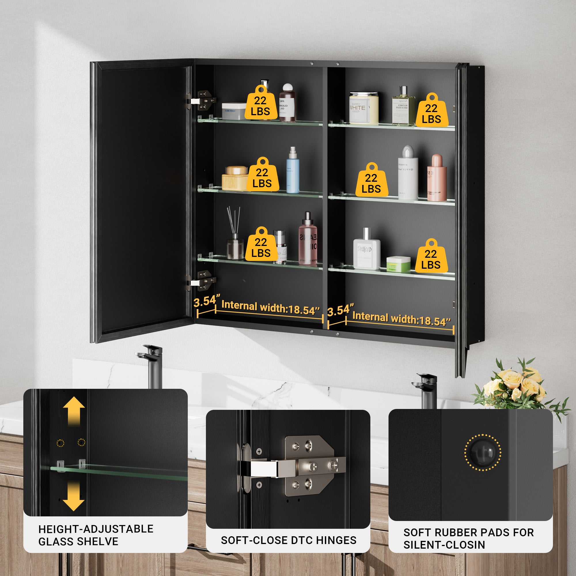 40x30'' Matte Black Framed Beveled Mirror Medicine Cabinet with Adjustable Glass Shelving
