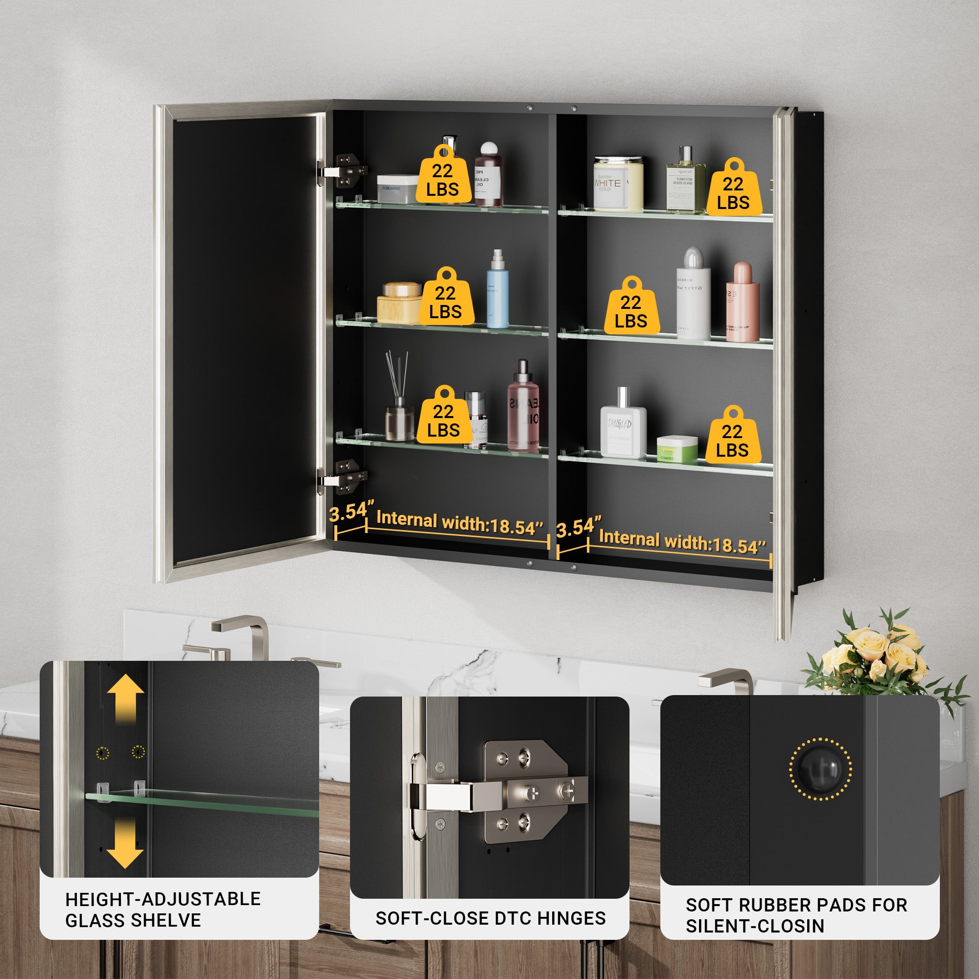 40x30'' Brushed Nickel Framed Beveled Mirror Medicine Cabinet with Adjustable Glass Shelving