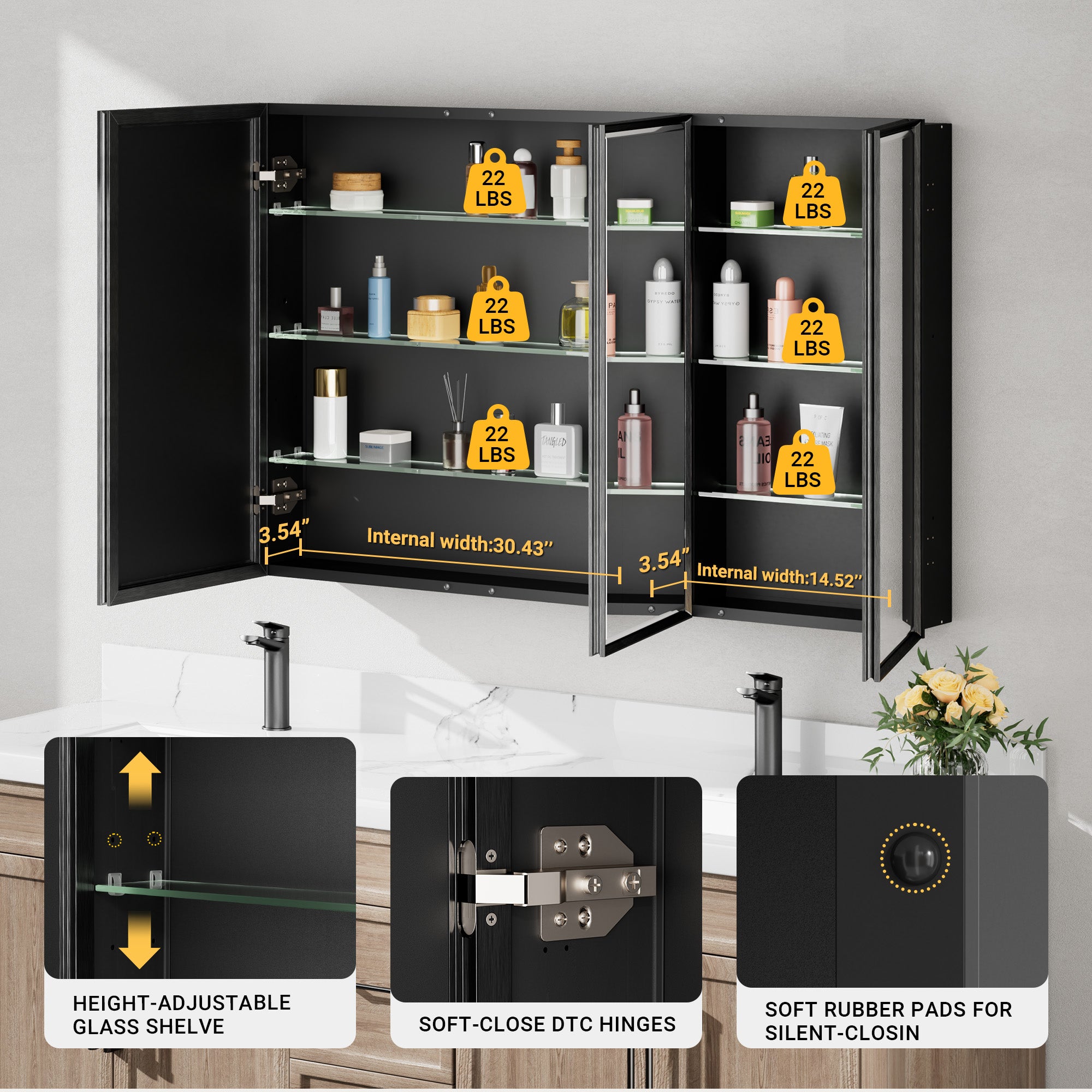 48x30'' Matte Black Framed Beveled Mirror Medicine Cabinet with Adjustable Glass Shelving
