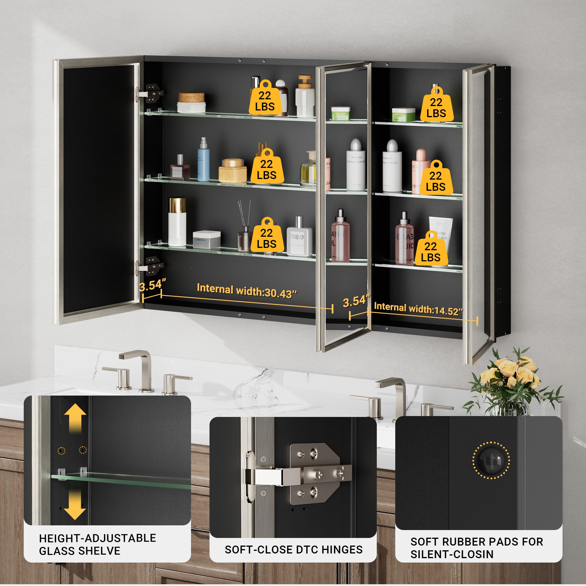 48x30'' Brushed Nickel Framed Beveled Mirror Medicine Cabinet with Adjustable Glass Shelving