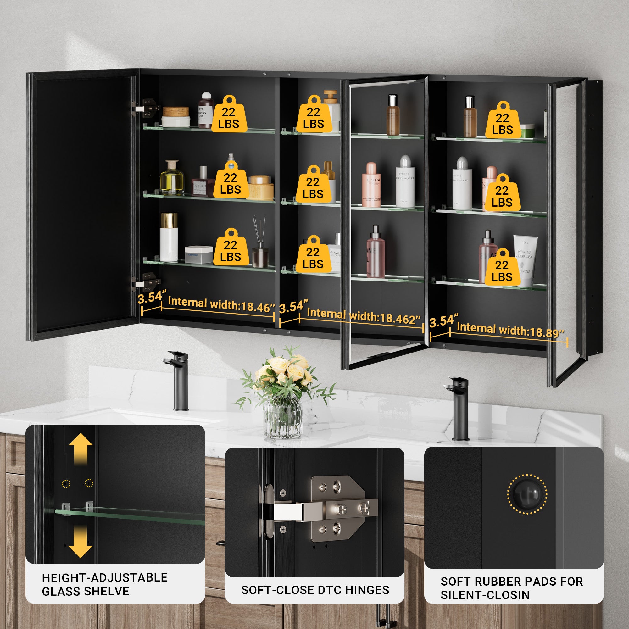 60x30'' Matte Black Framed Beveled Mirror Medicine Cabinet with Adjustable Glass Shelving