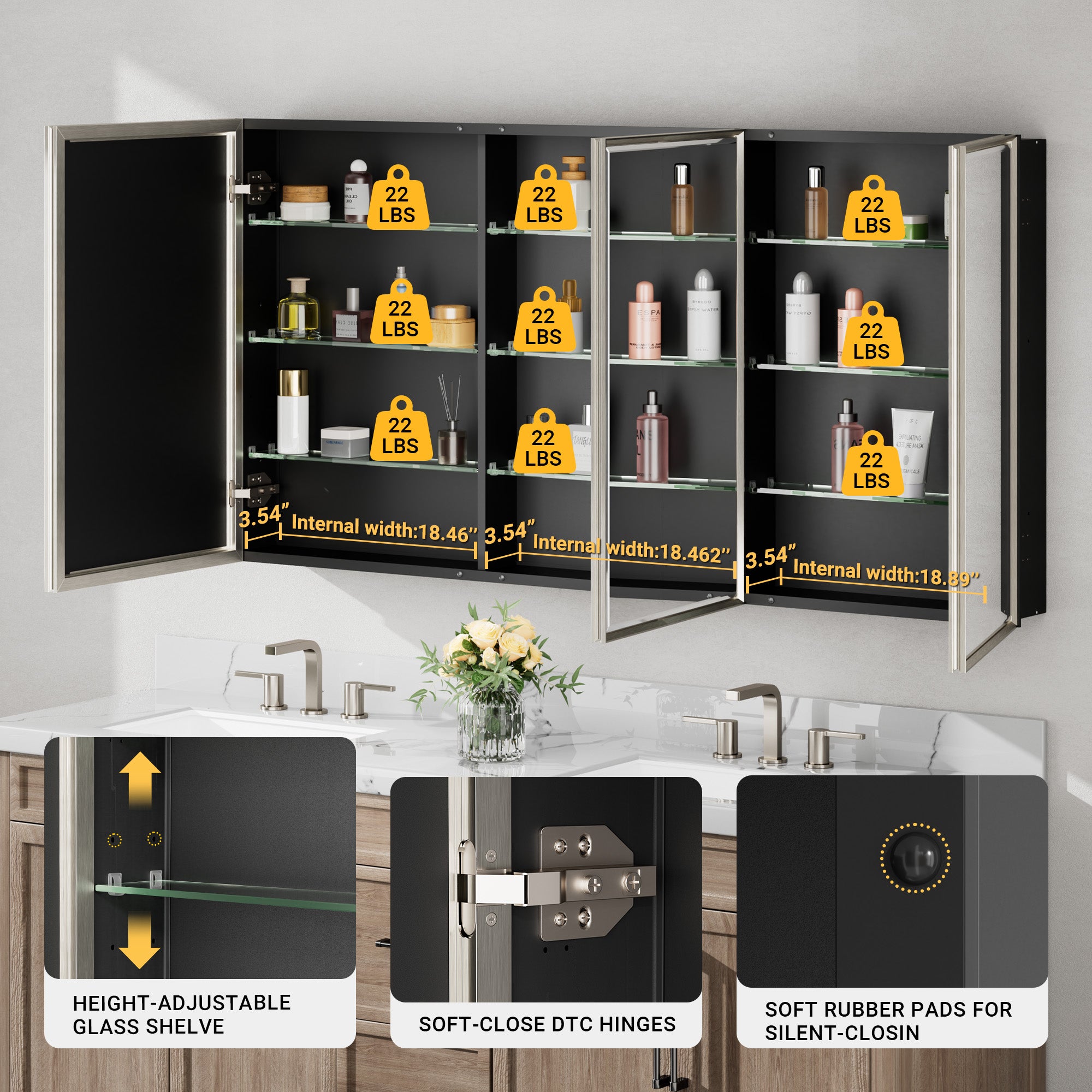 60x30'' Brushed Nickel Framed Beveled Mirror Medicine Cabinet with Adjustable Glass Shelving