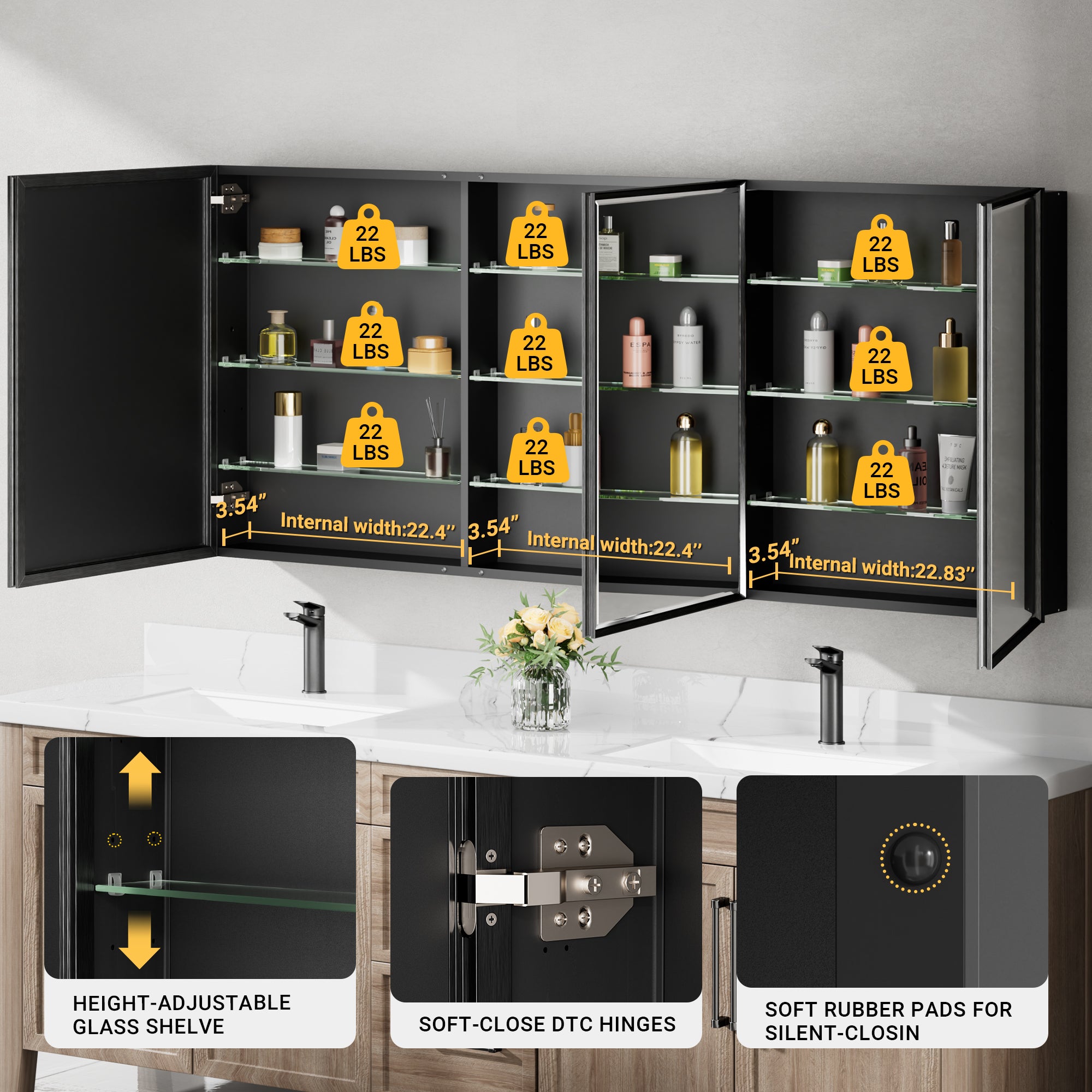 72x30'' Matte Black Framed Beveled Mirror Medicine Cabinet with Adjustable Glass Shelving