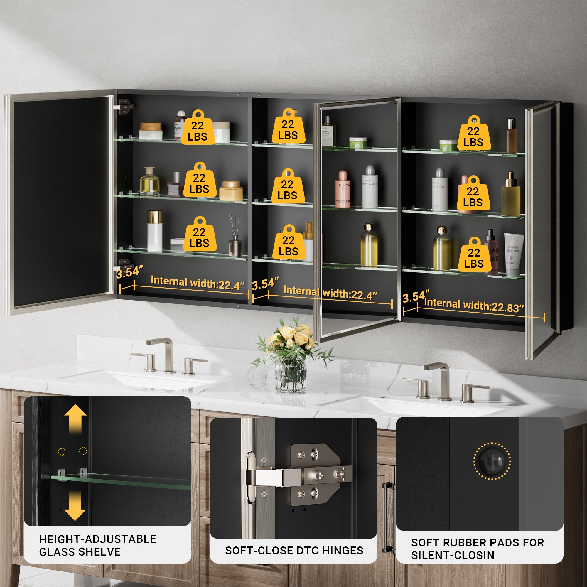 72x30'' Brushed Nickel Framed Beveled Mirror Medicine Cabinet with Adjustable Glass Shelving