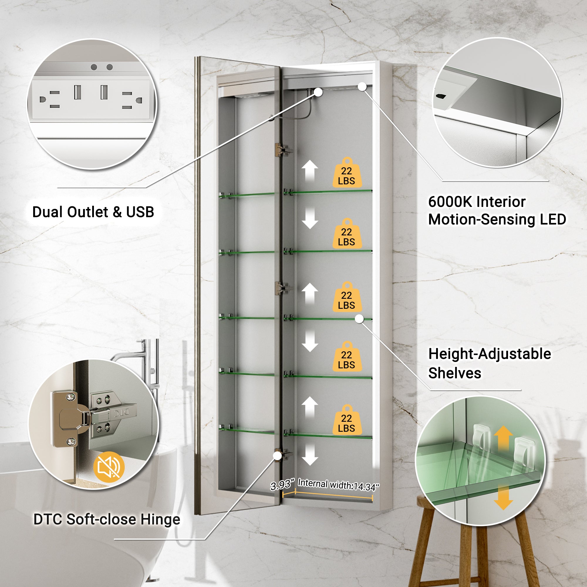 16"×60" Tall LED Medicine Cabinet with Mirror – Left Hinge