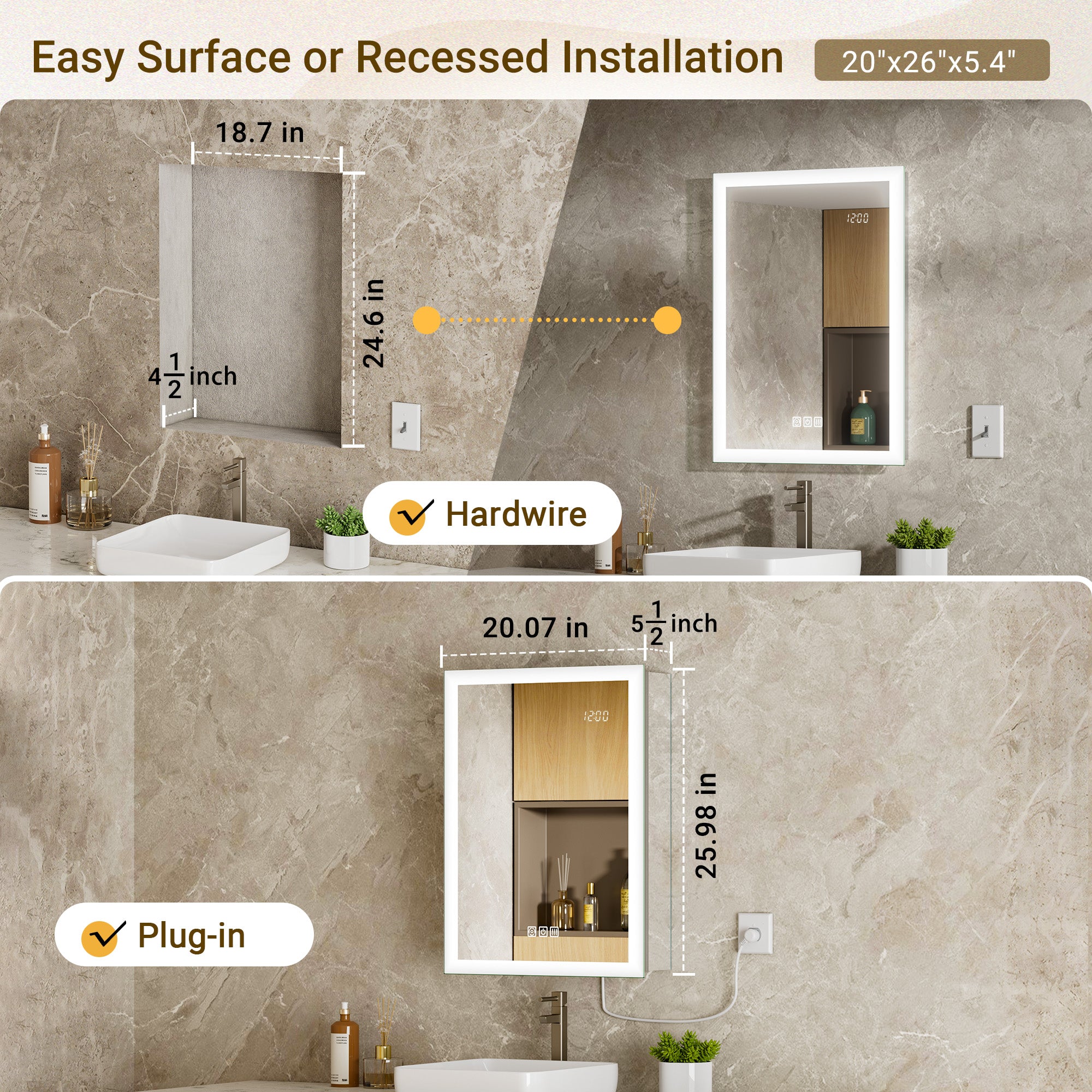 LumiGlow 20x26'' Front & Backlit Lighted Lighted Medicine Cabinet Mirror – Right Hinge