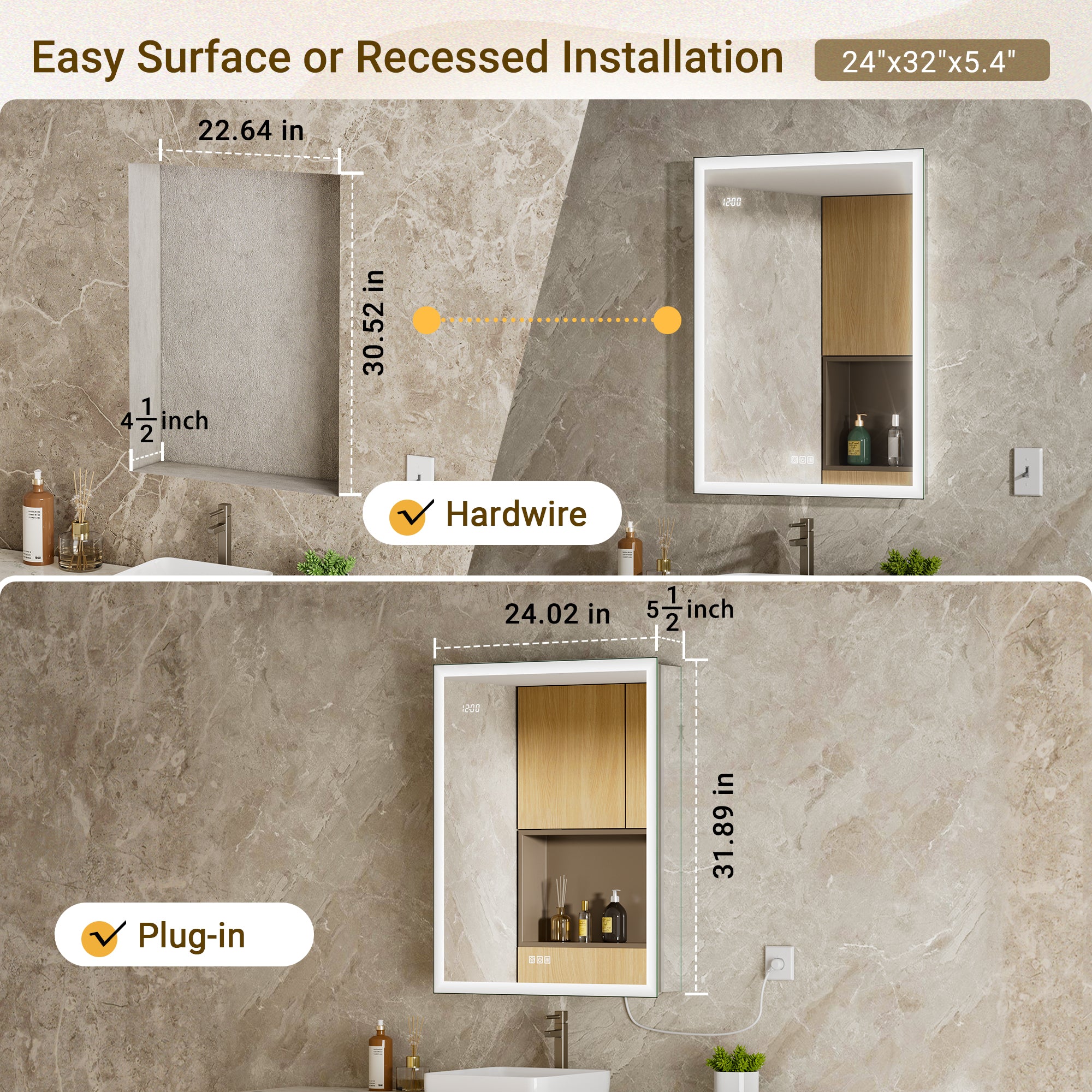 LumiGlow 24x32'' Dual-Sided LED Medicine Cabinet Mirror – Left Hinge