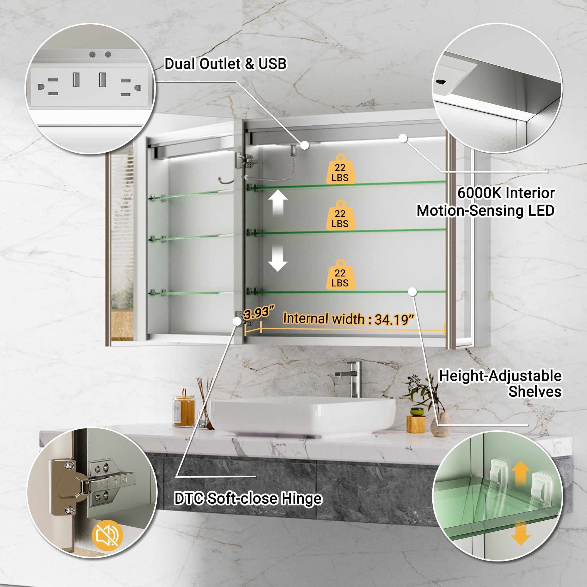 LumiEdge 36x30'' Beveled Nickel-Framed LED Medicine Cabinet