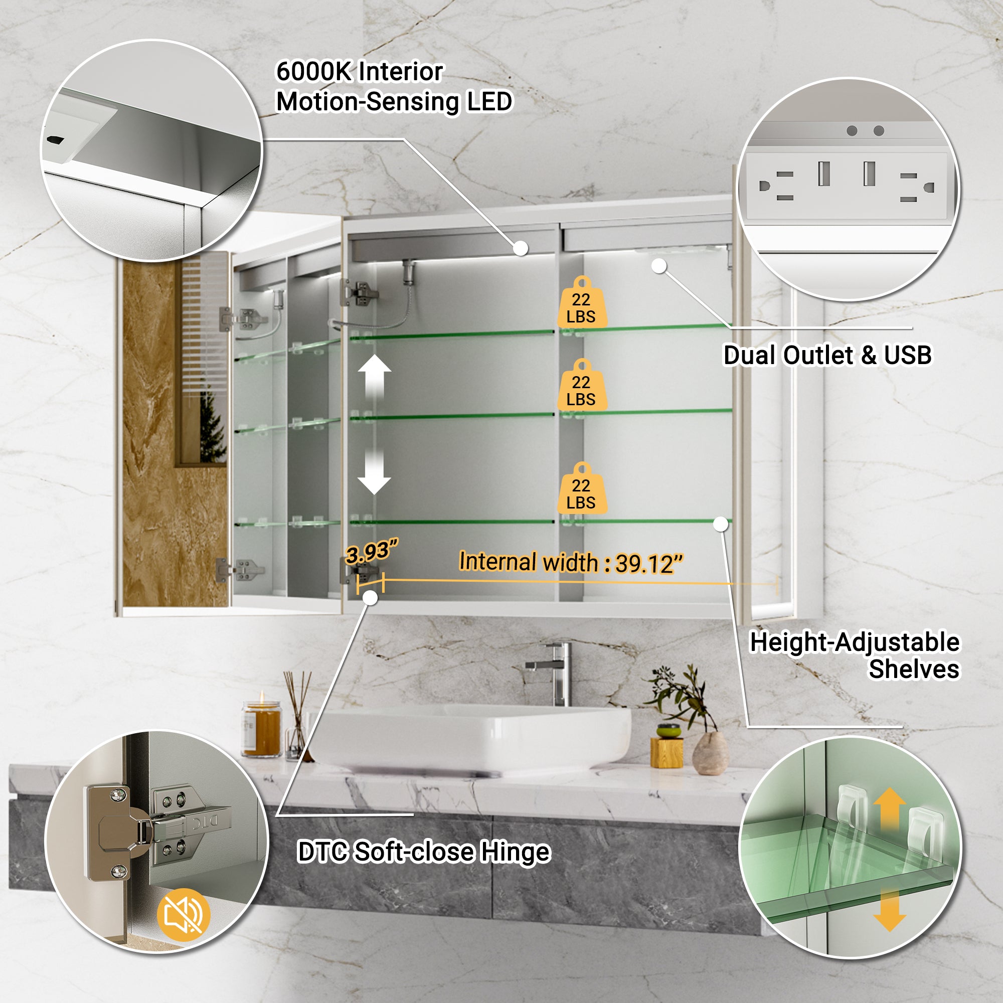 LumiEdge 40x30'' Beveled Nickel-Framed LED Medicine Cabine