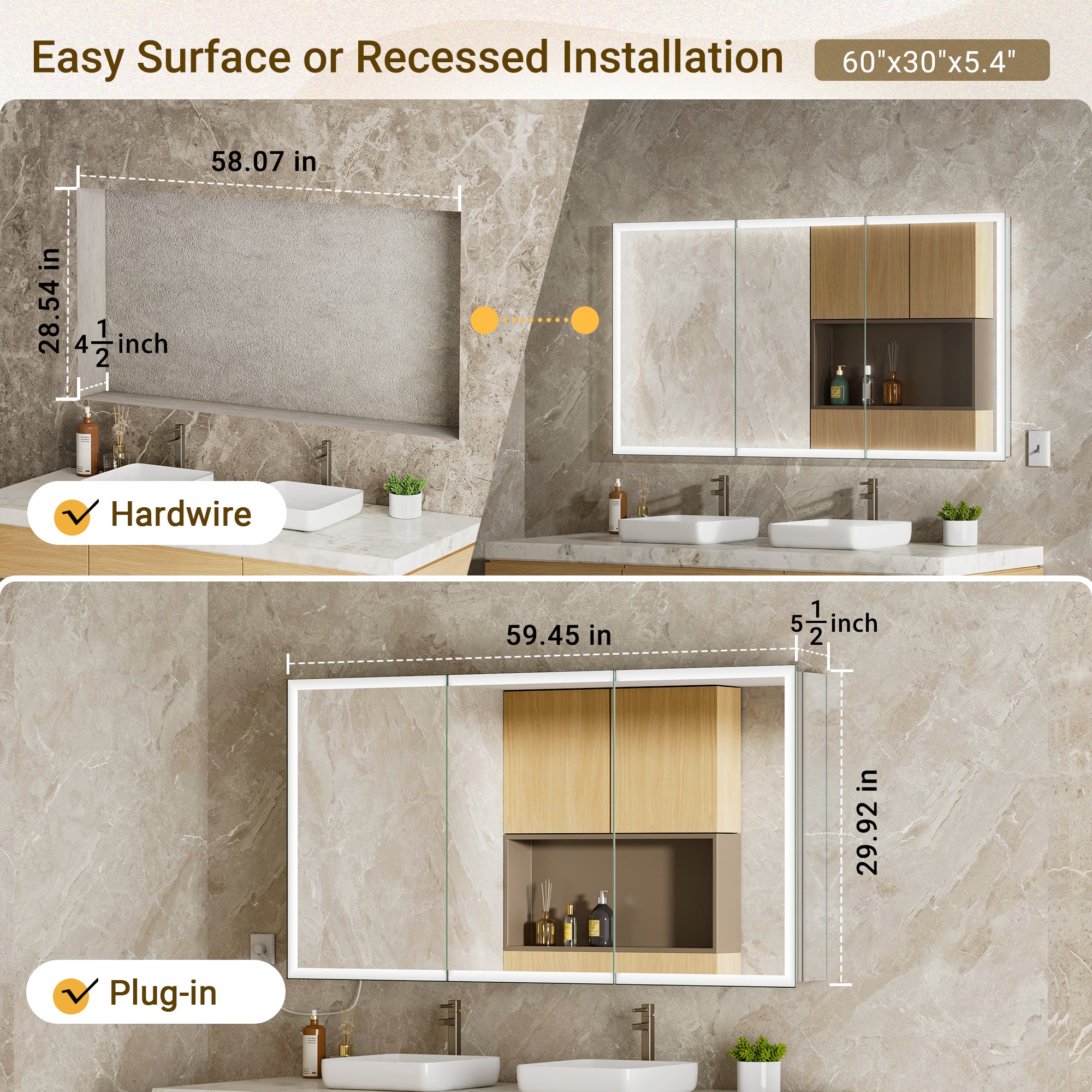 LumiGlow 60x30'' Front & Backlit Lighted LED Medicine Cabinet Mirror