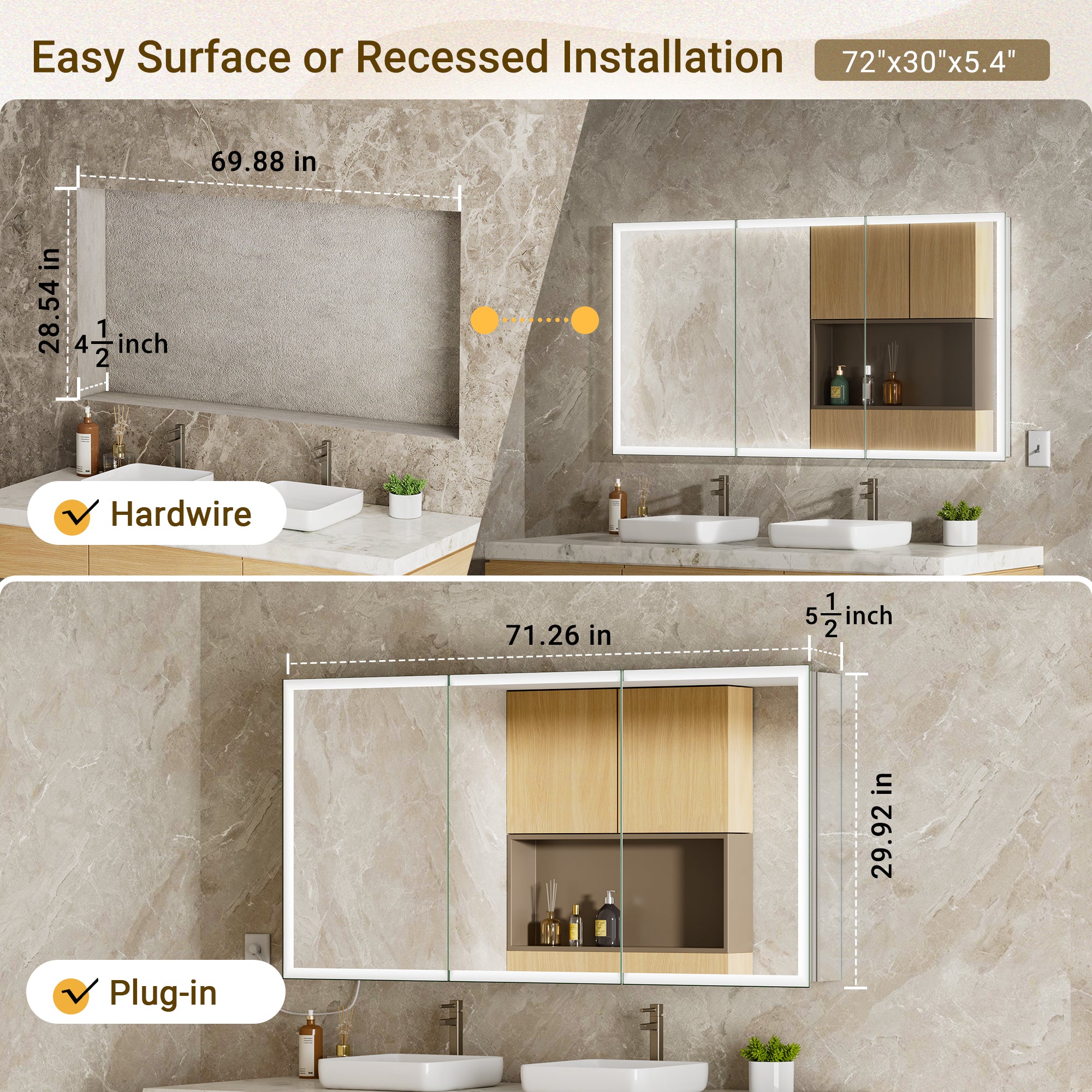LumiGlow 72x30'' Front & Backlit Lighted LED Medicine Cabinet Mirror