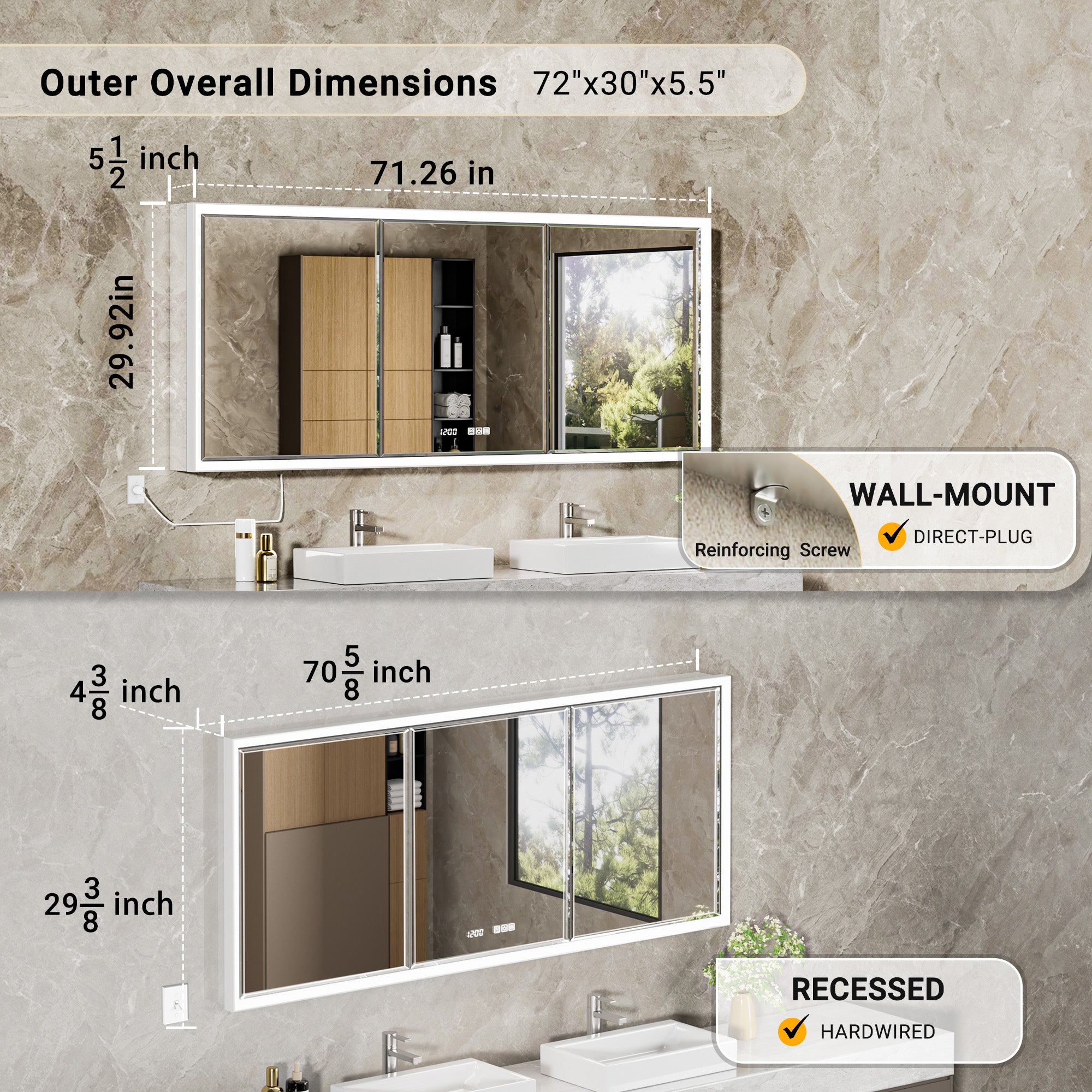 Prism 72x30'' Double-Beveled Artisan LED Medicine Cabinet