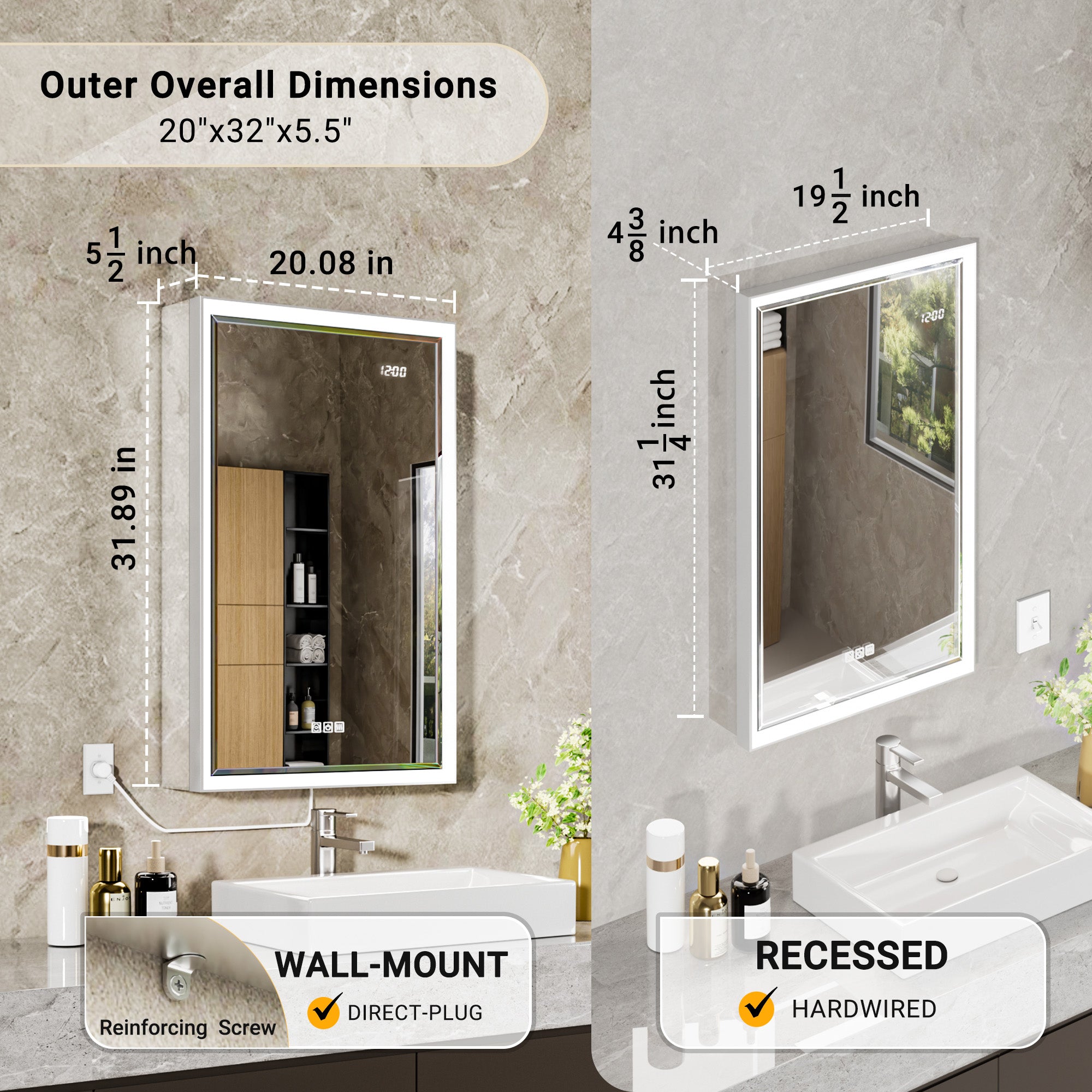 Prism 20x32'' Double-Beveled Artisan LED Medicine Cabinet Right-Hand Hinge