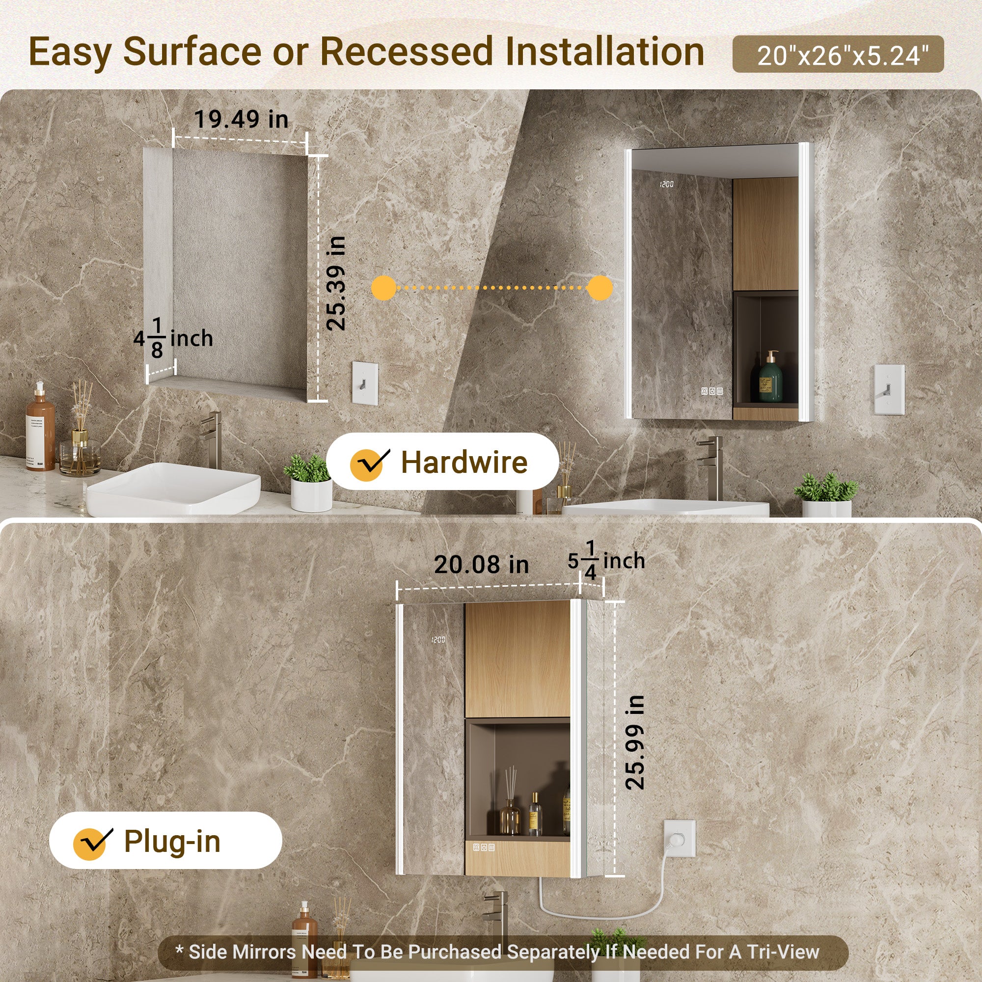 Auralux Core 20x26'' Front-Lit LED Medicine Cabinet Mirror Soft-Close Left Hinge
