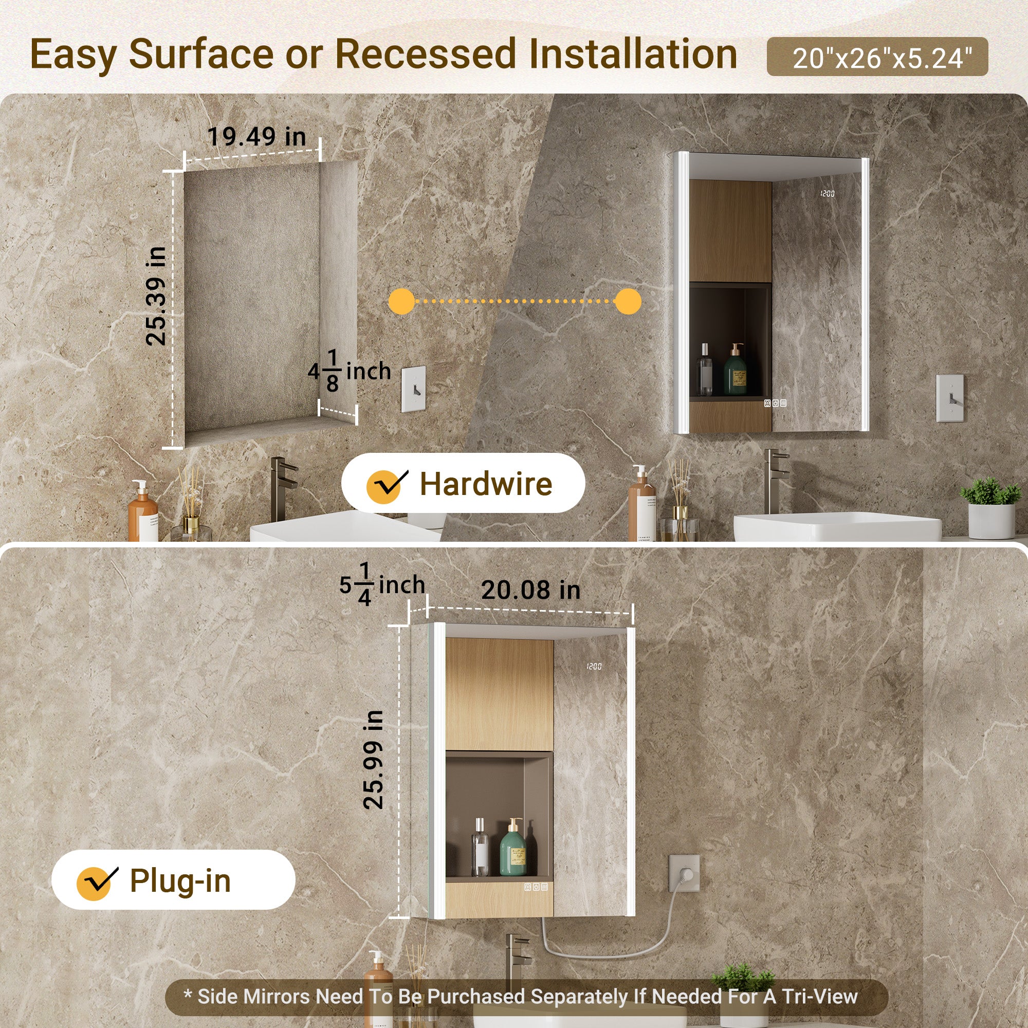 Auralux Core 20x26'' Front-Lit LED Medicine Cabinet Mirror Soft-Close Right Hinge