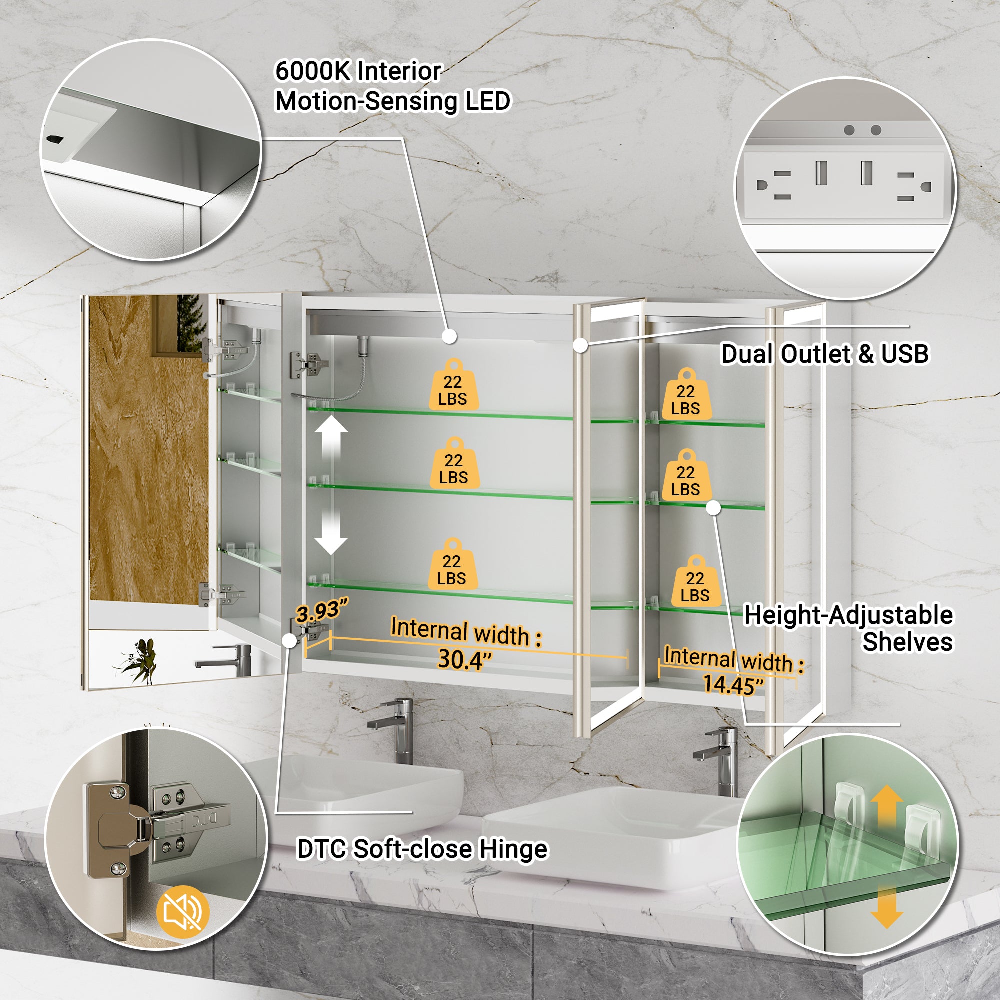 LumiEdge 48x30'' Beveled Nickel-Framed LED Medicine Cabinet