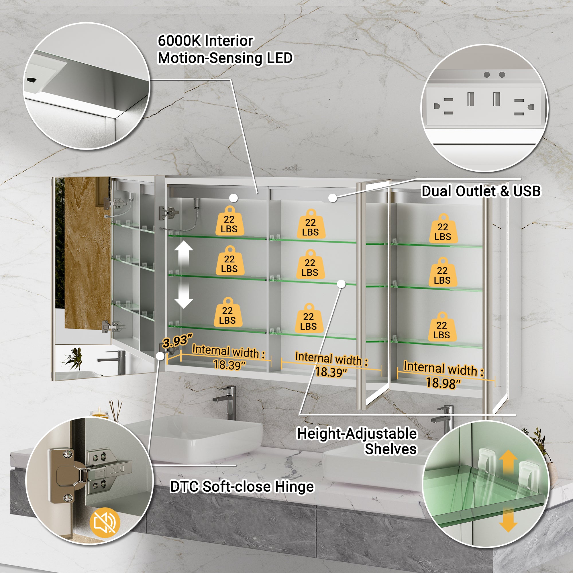 LumiEdge 60x30'' Beveled Nickel-Framed LED Medicine Cabinet