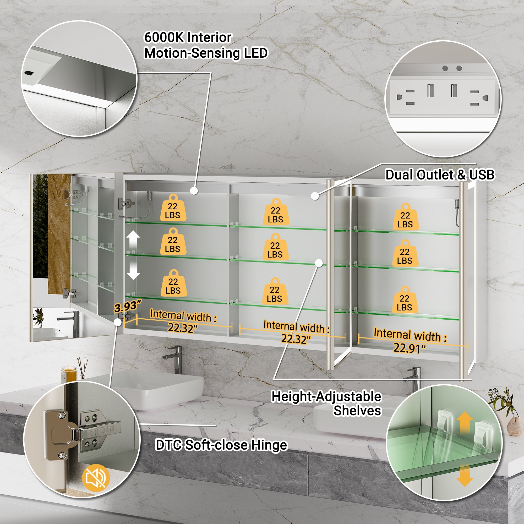LumiEdge 72x30'' Beveled Nickel-Framed LED Medicine Cabinet