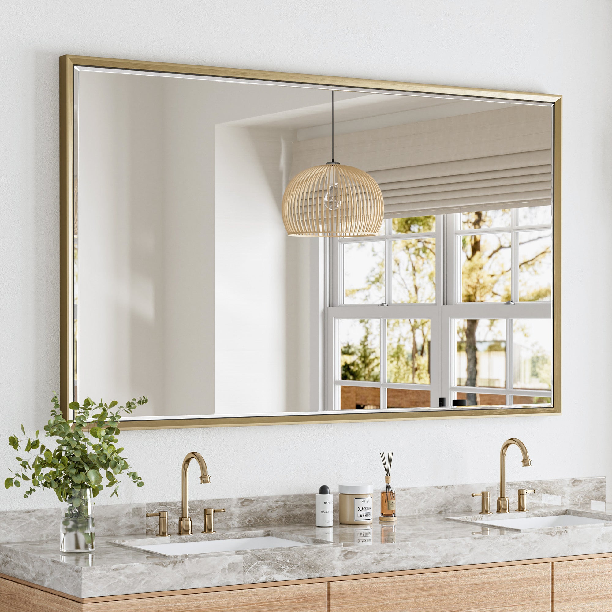 Lusso Beveled Rectangle Bathroom Mirror | 60" x 36" Large Metal Framed Wall Mirror for Double Vanity
