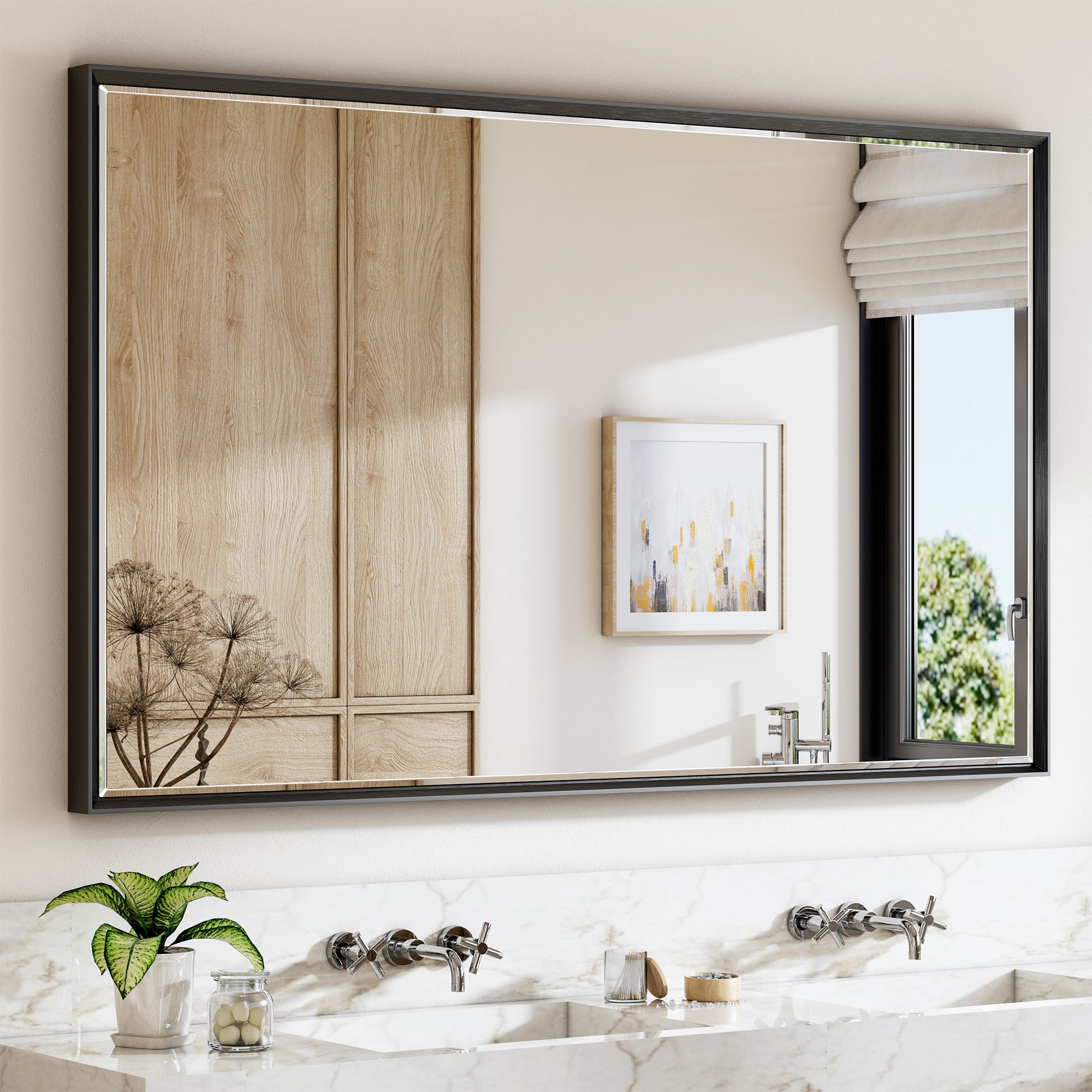 Lusso Beveled Rectangle Bathroom Mirror | 60" x 36" Large Metal Framed Wall Mirror for Double Vanity