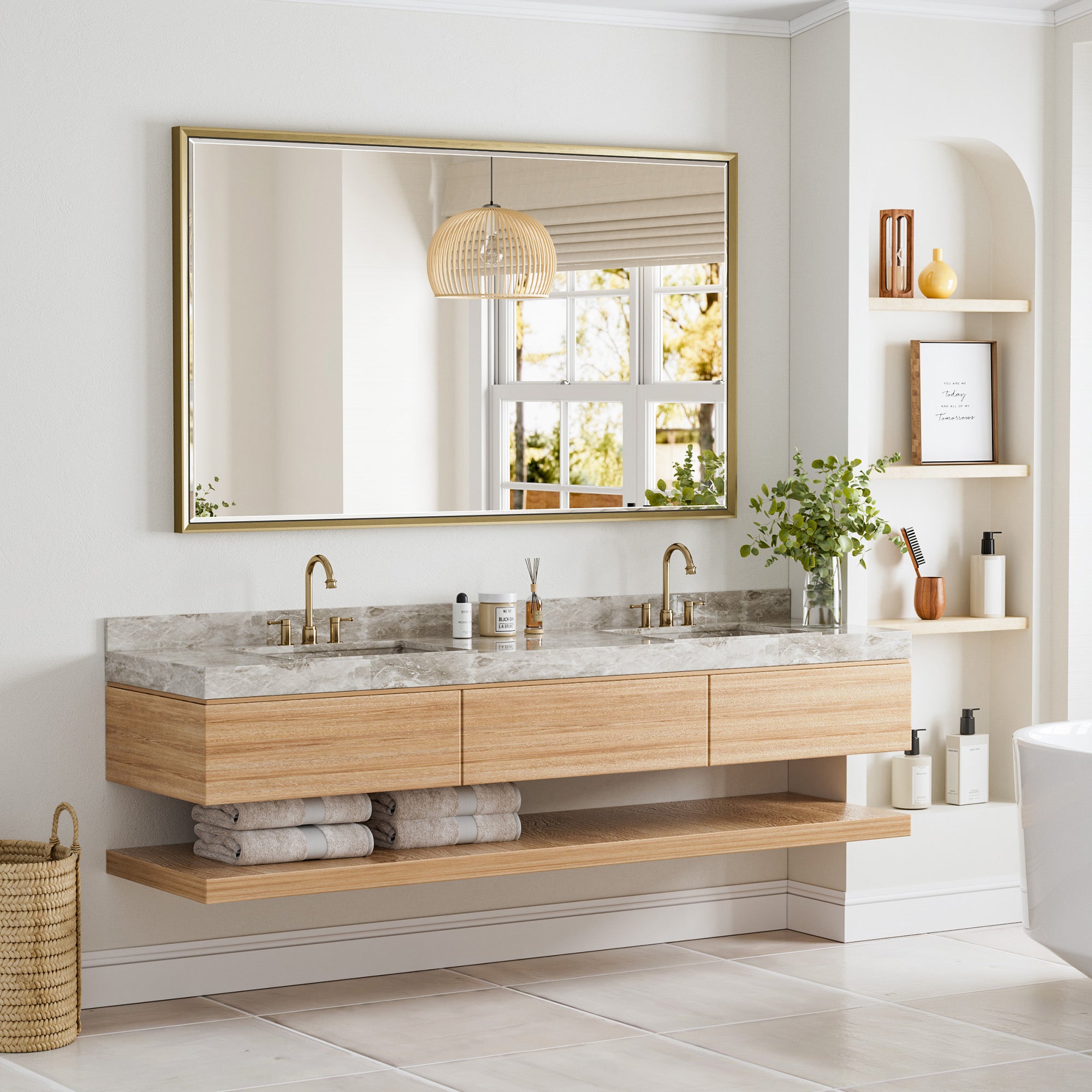 Lusso Beveled Rectangle Bathroom Mirror | 60" x 36" Large Metal Framed Wall Mirror for Double Vanity