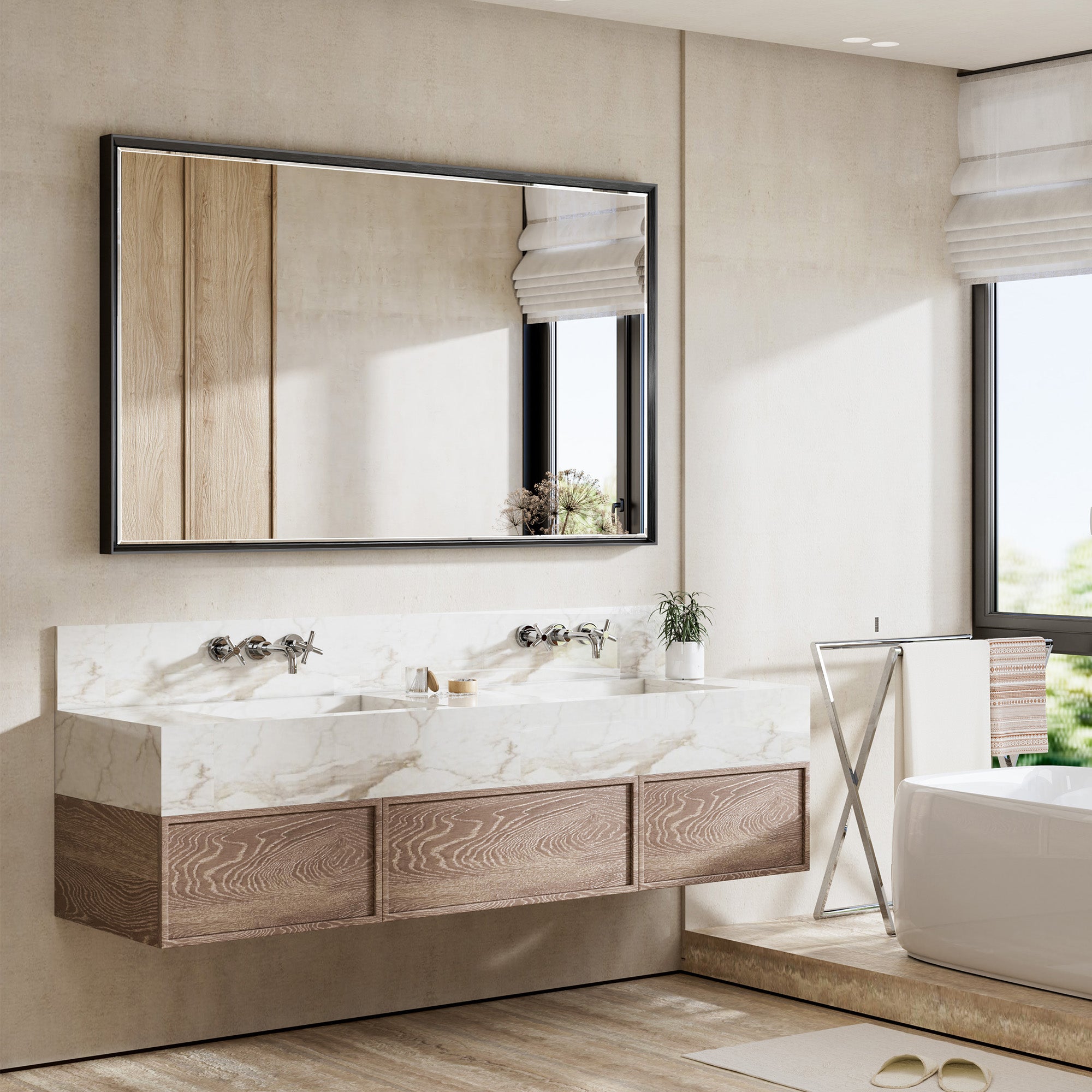 Lusso Beveled Rectangle Bathroom Mirror | 60" x 36" Large Metal Framed Wall Mirror for Double Vanity