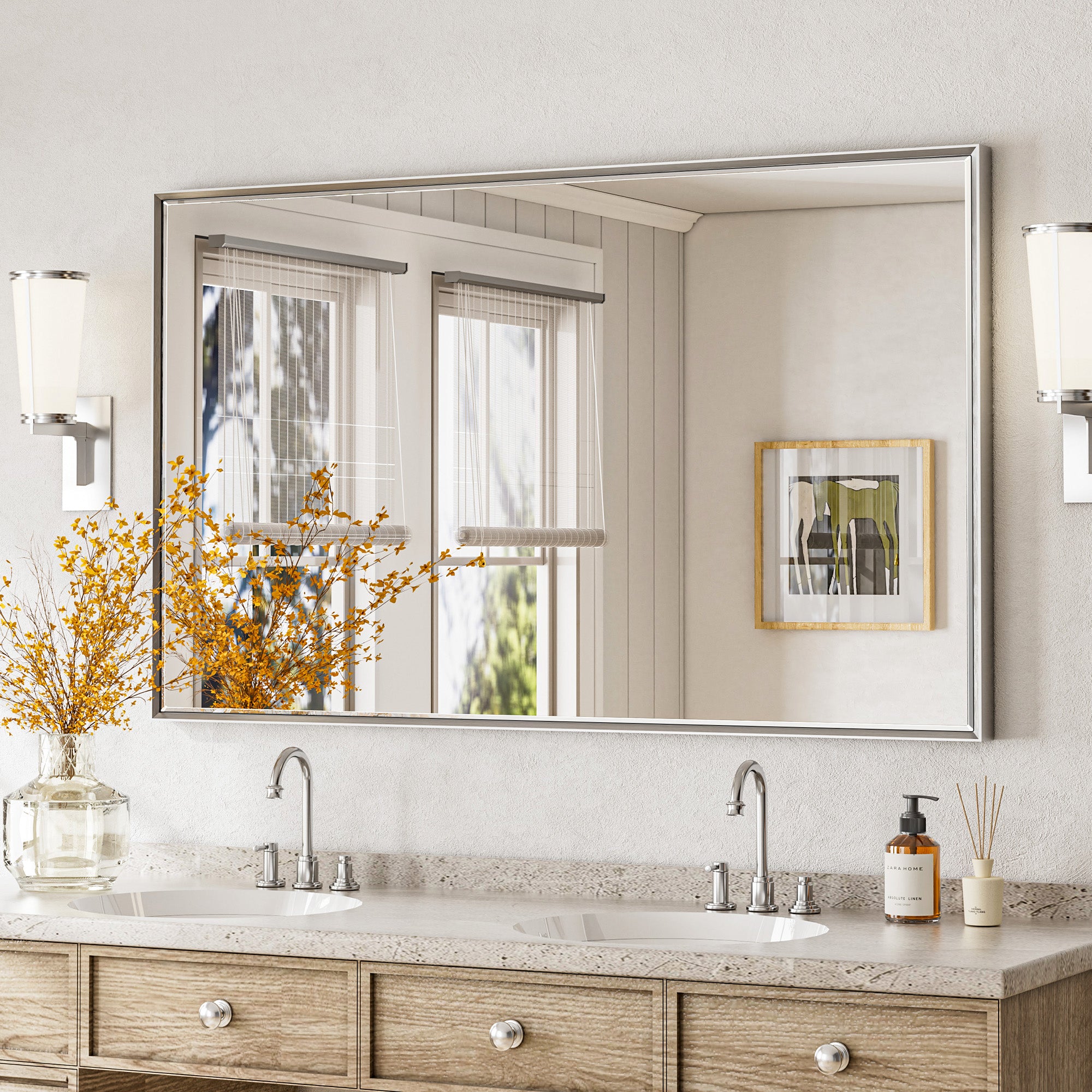 Lusso Beveled Rectangle Bathroom Mirror | 60" x 36" Large Metal Framed Wall Mirror for Double Vanity