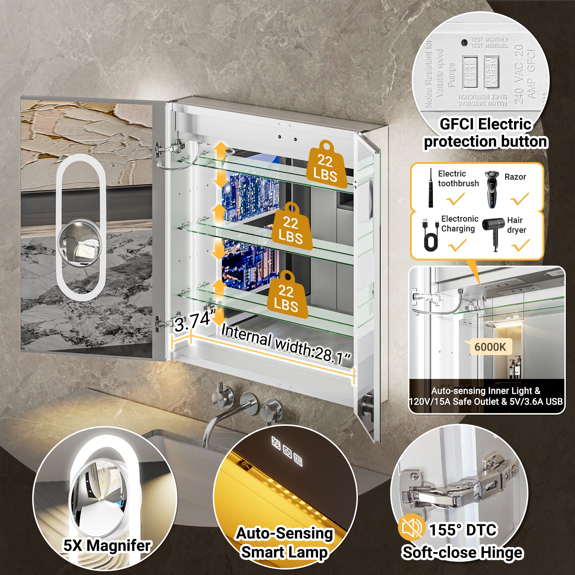 Auralux Pro 30x32'' LED Lighted Medicine Cabinet Mirror