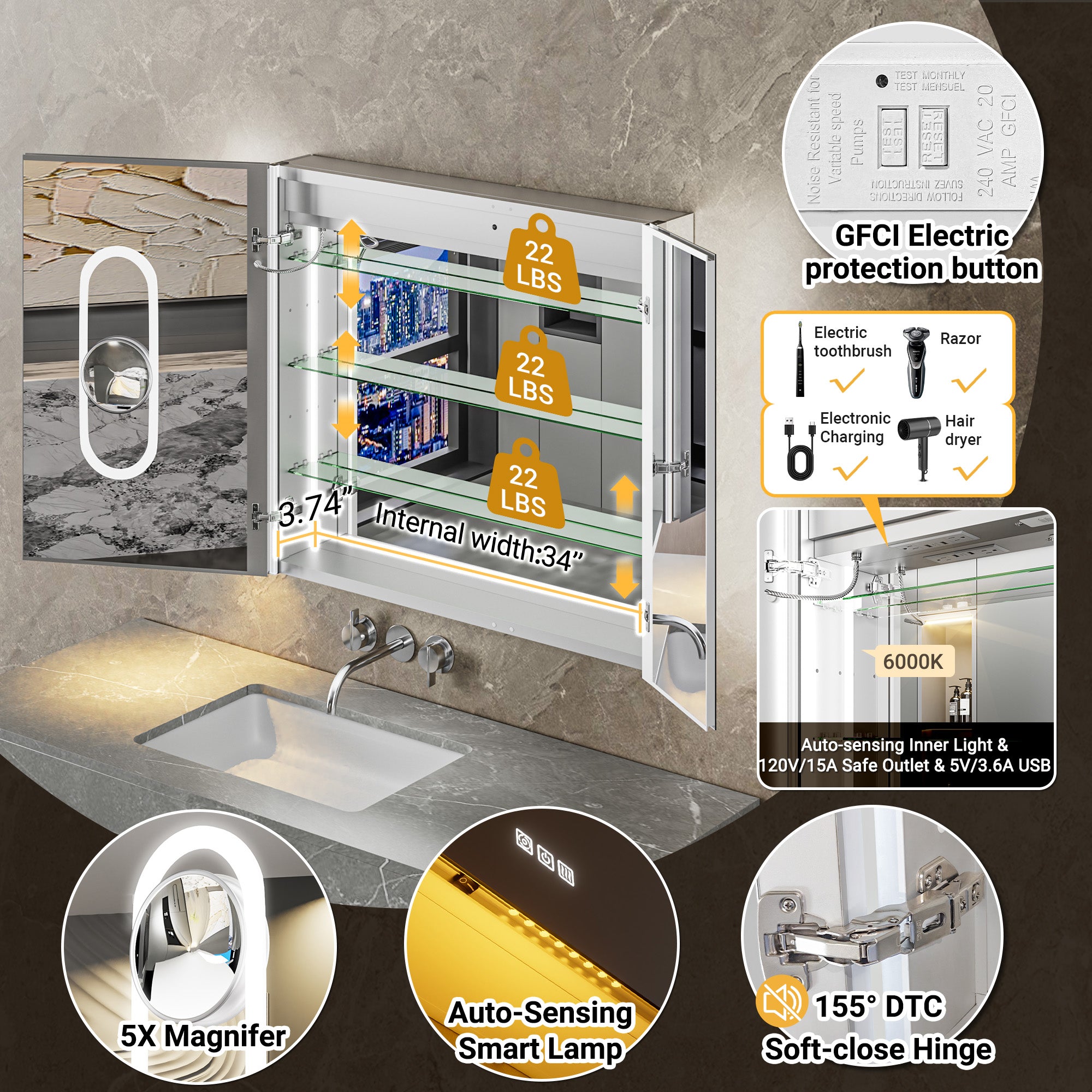 Auralux Pro 36x32'' LED Lighted Medicine Cabinet Mirror