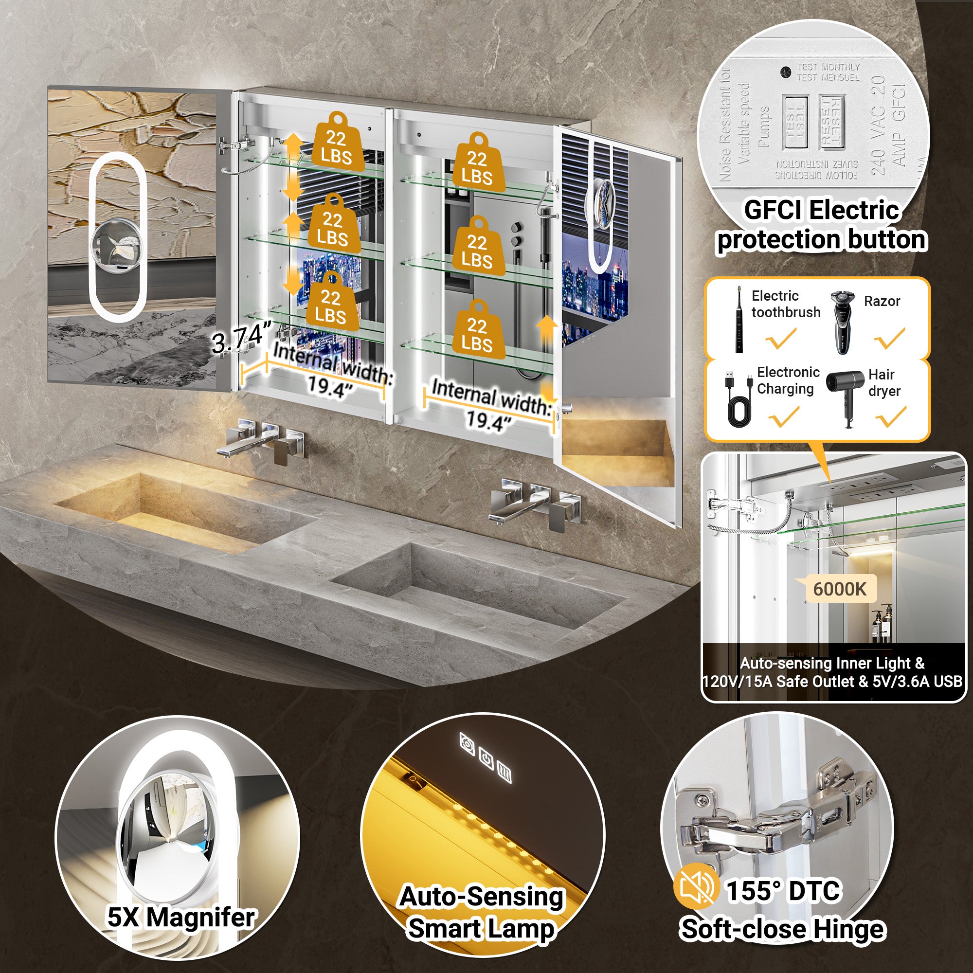 Auralux Pro 42x32'' LED Lighted Medicine Cabinet Mirror