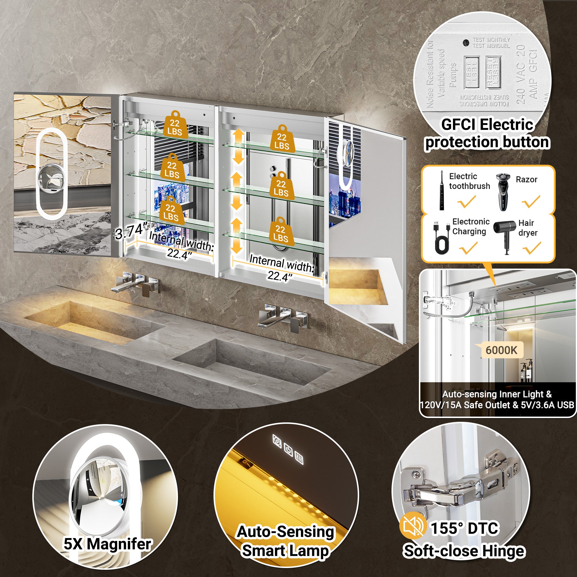 Auralux Pro 48x32'' LED Lighted Medicine Cabinet Mirror