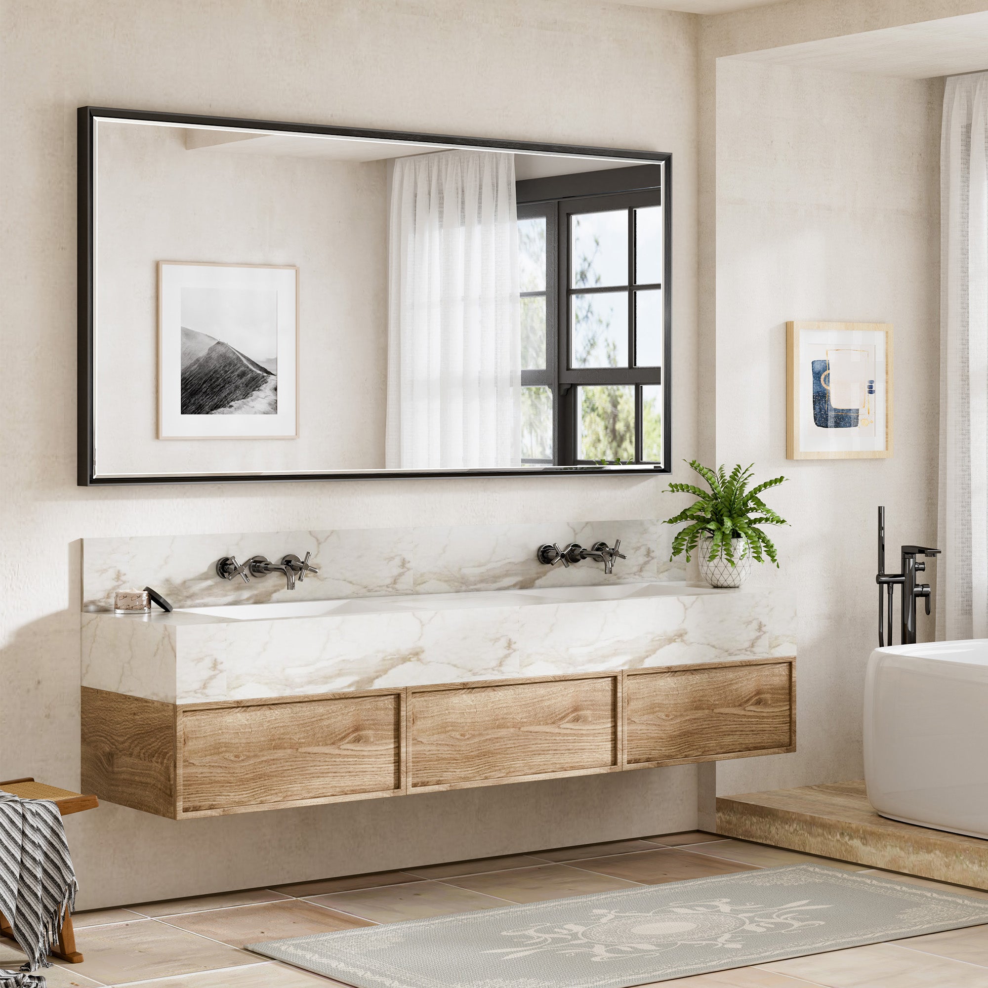 Lusso Beveled Rectangle Bathroom Mirror | 72" x 36" Large Metal Framed Wall Mirror for Double Vanity