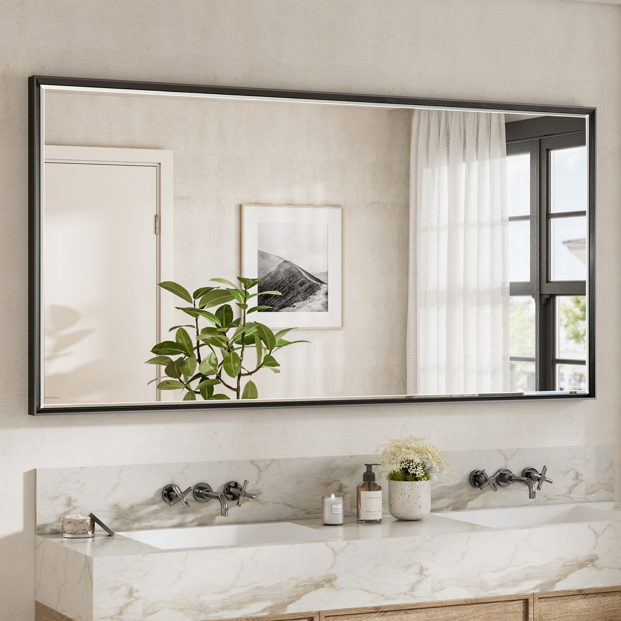 Lusso Beveled Rectangle Bathroom Mirror | 72" x 36" Large Metal Framed Wall Mirror for Double Vanity
