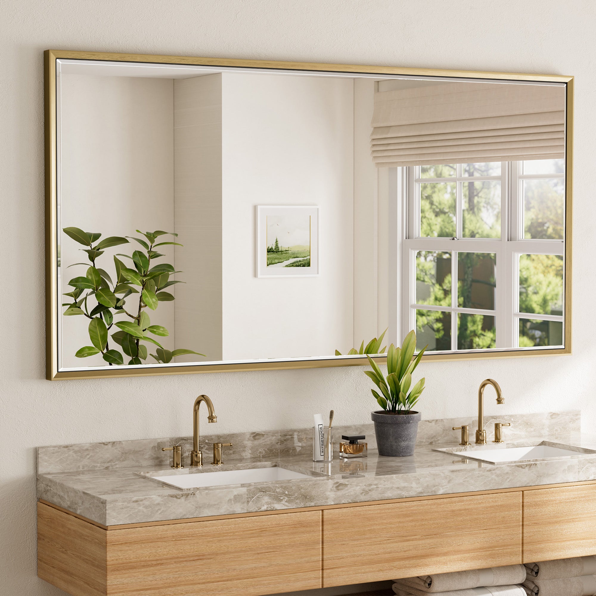 Lusso Beveled Rectangle Bathroom Mirror | 72" x 36" Large Metal Framed Wall Mirror for Double Vanity