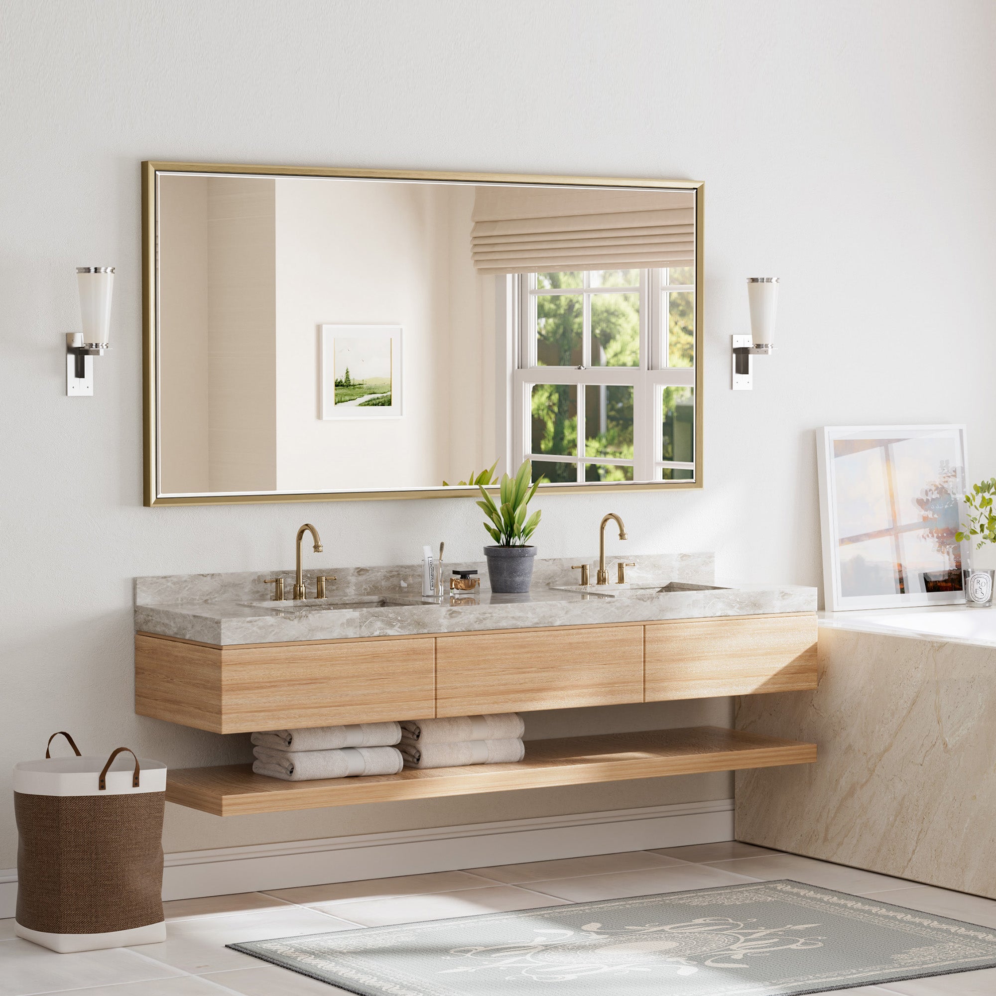 Lusso Beveled Rectangle Bathroom Mirror | 72" x 36" Large Metal Framed Wall Mirror for Double Vanity