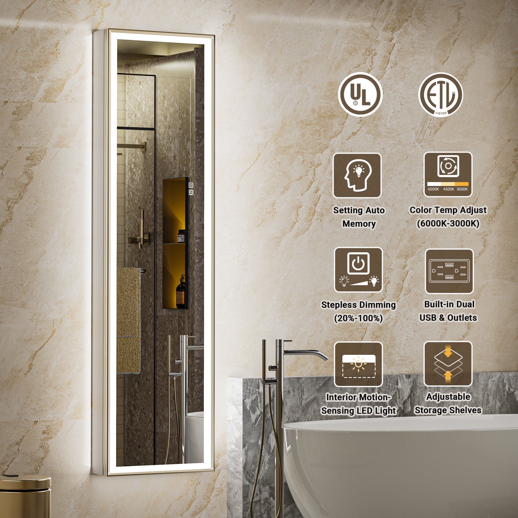 16"×60" Tall LED Medicine Cabinet with Mirror – Left Hinge