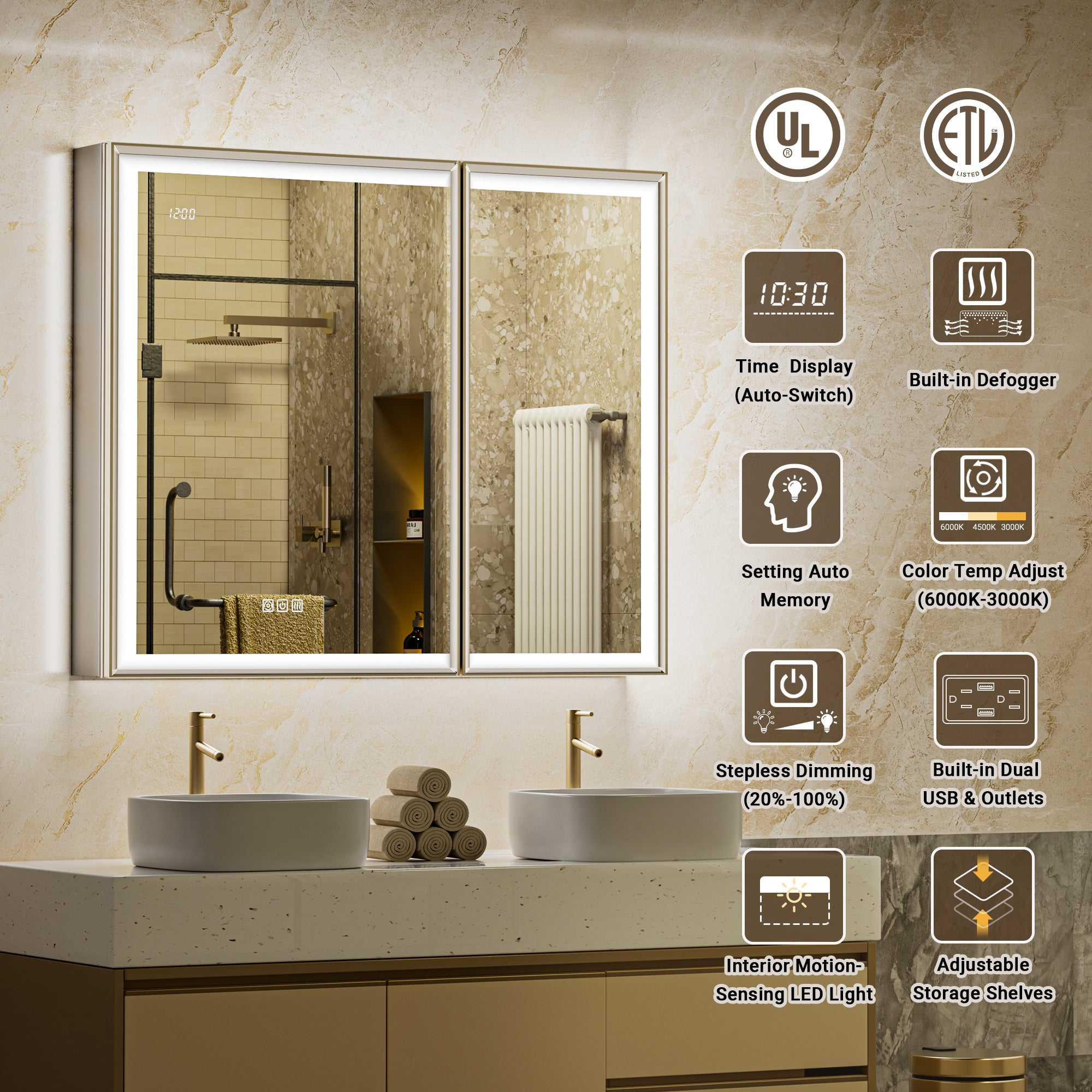 LumiEdge 36x30'' Beveled Nickel-Framed LED Medicine Cabinet