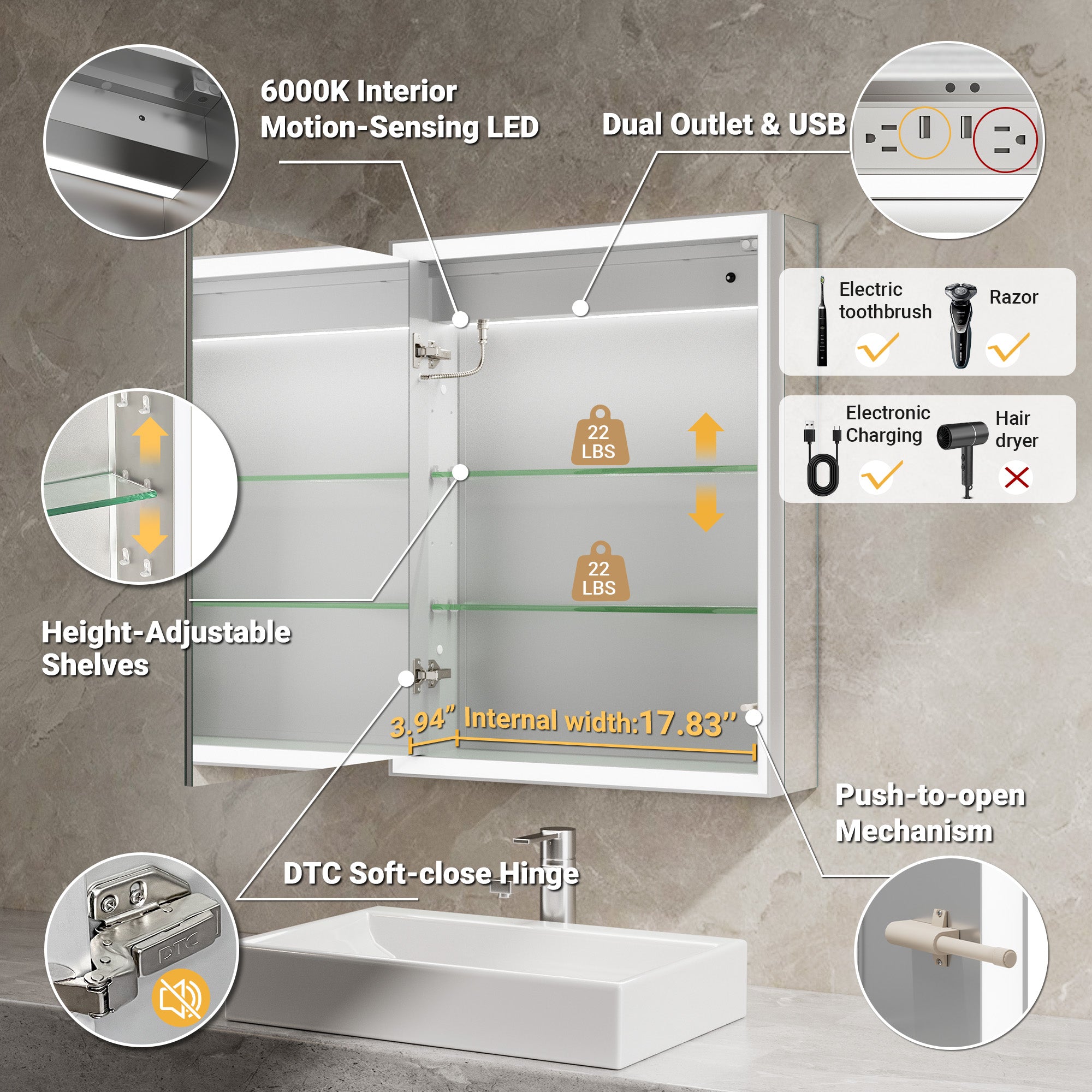 Prism 20x26'' Double-Beveled Artisan LED Medicine Cabinet Left-Hand Hinge