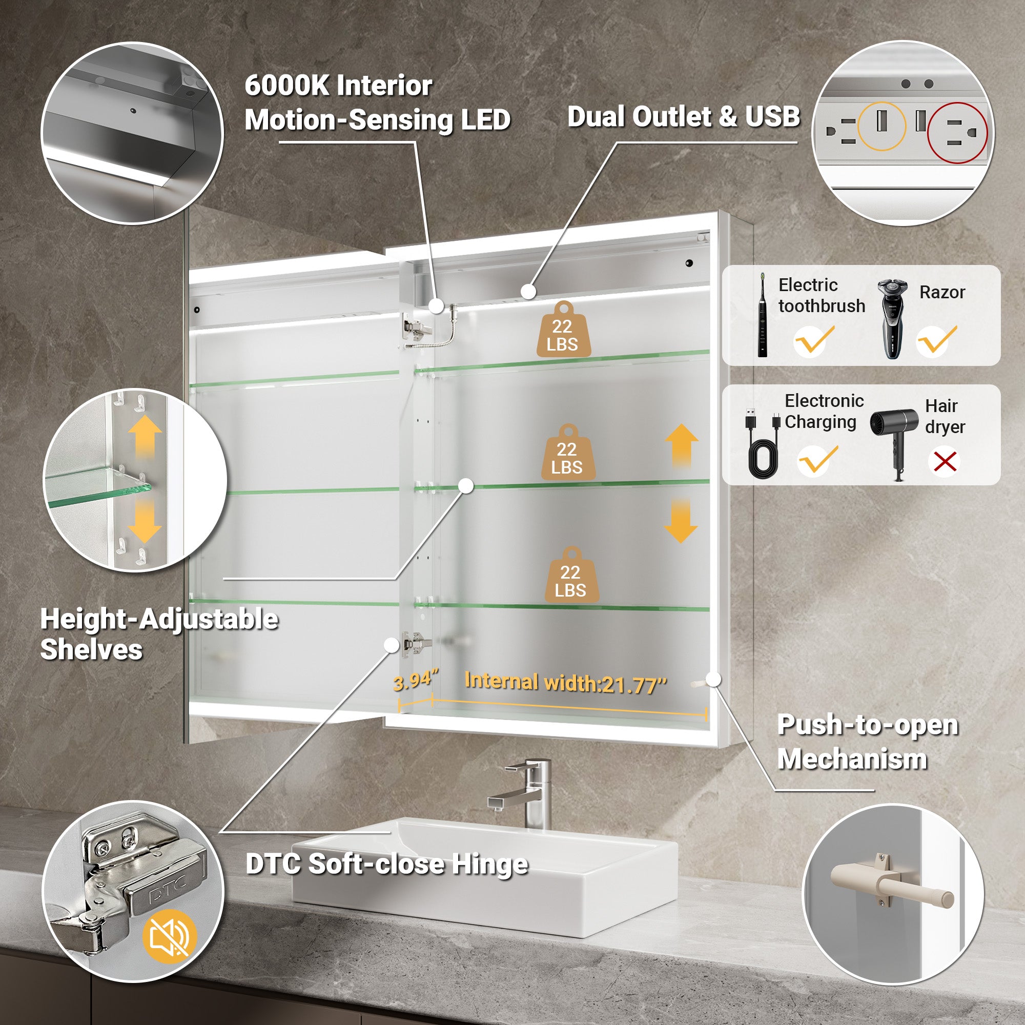 Prism 24x32'' Double-Beveled Artisan LED Medicine Cabinet Left-Hand Hinge