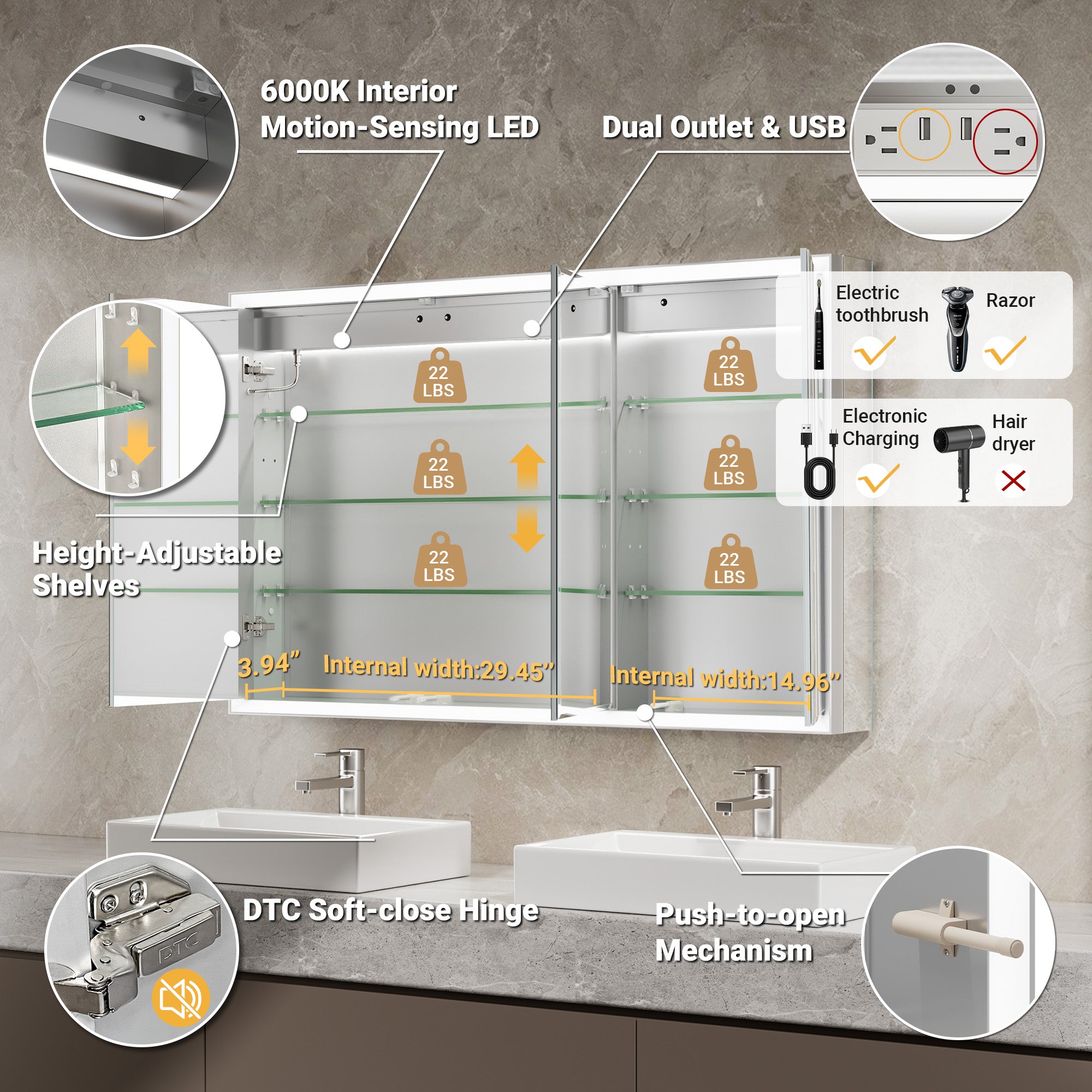 Prism 48x30'' Double-Beveled Artisan LED Medicine Cabinet
