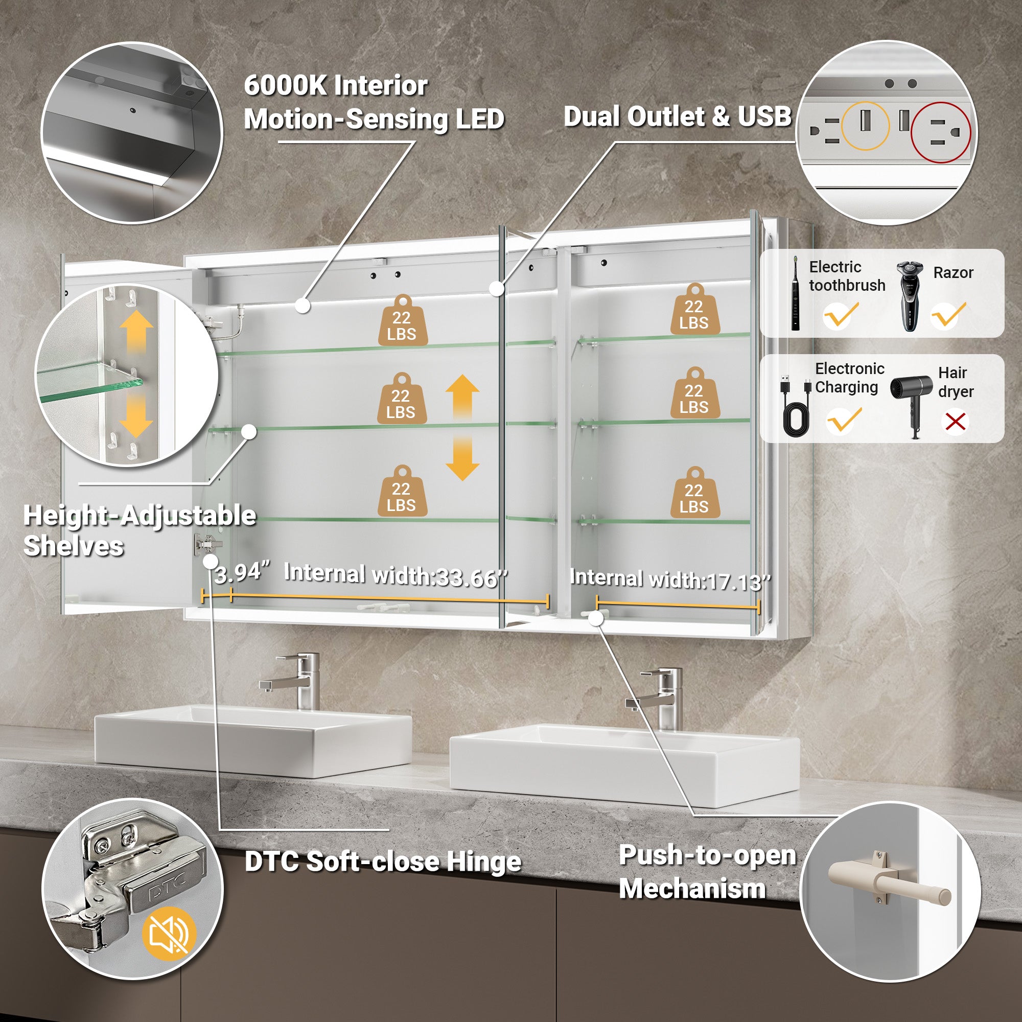 Prism 54x30'' Double-Beveled Artisan LED Medicine Cabinet