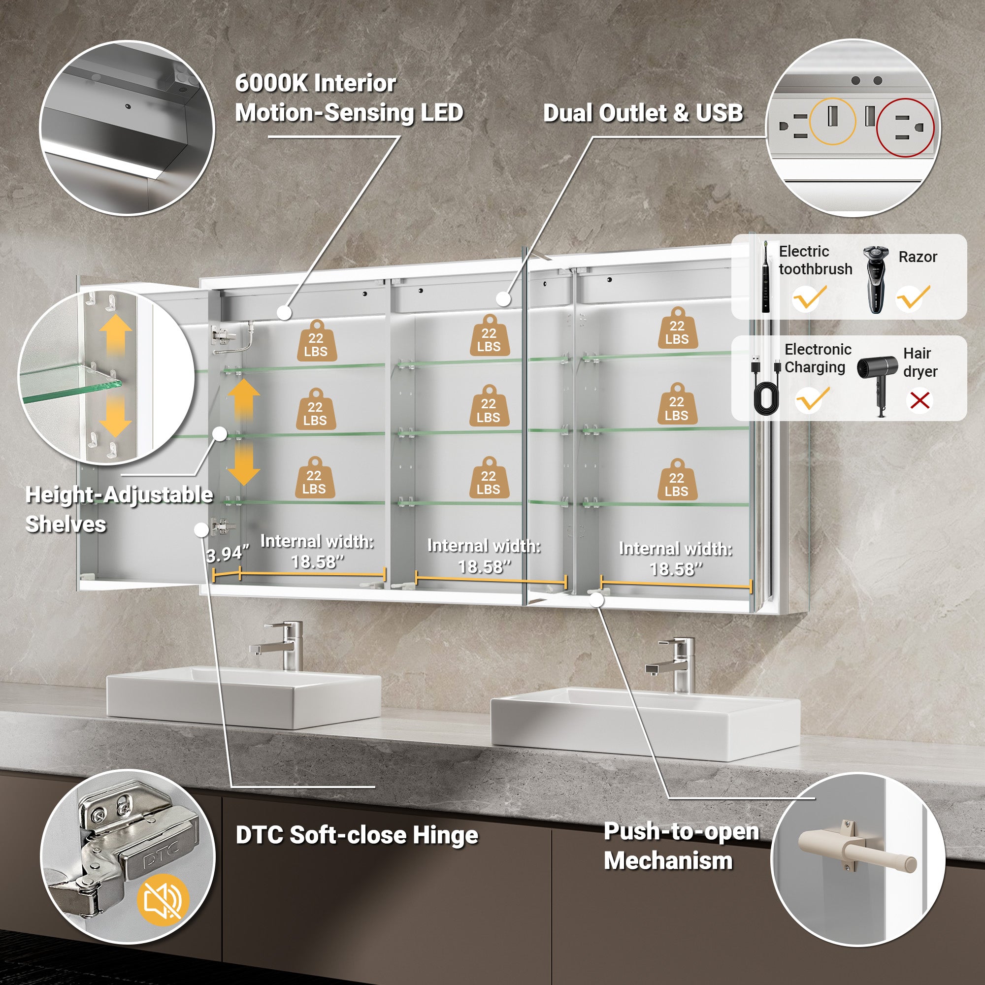 Prism 60x30'' Double-Beveled Artisan LED Medicine Cabinet