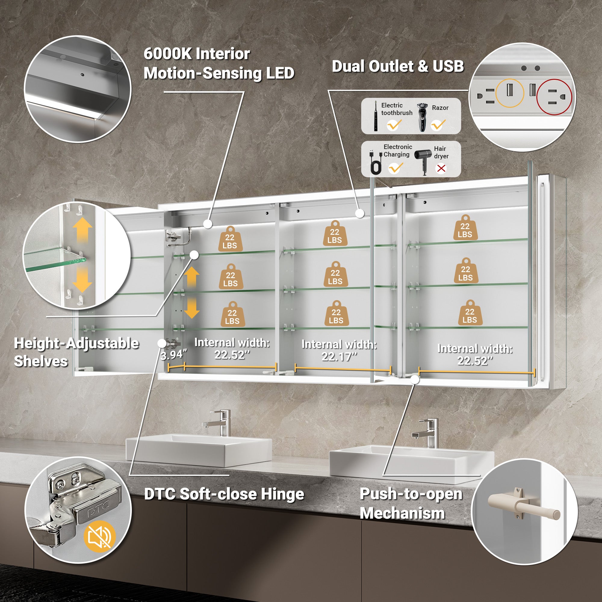 Prism 72x30'' Double-Beveled Artisan LED Medicine Cabinet