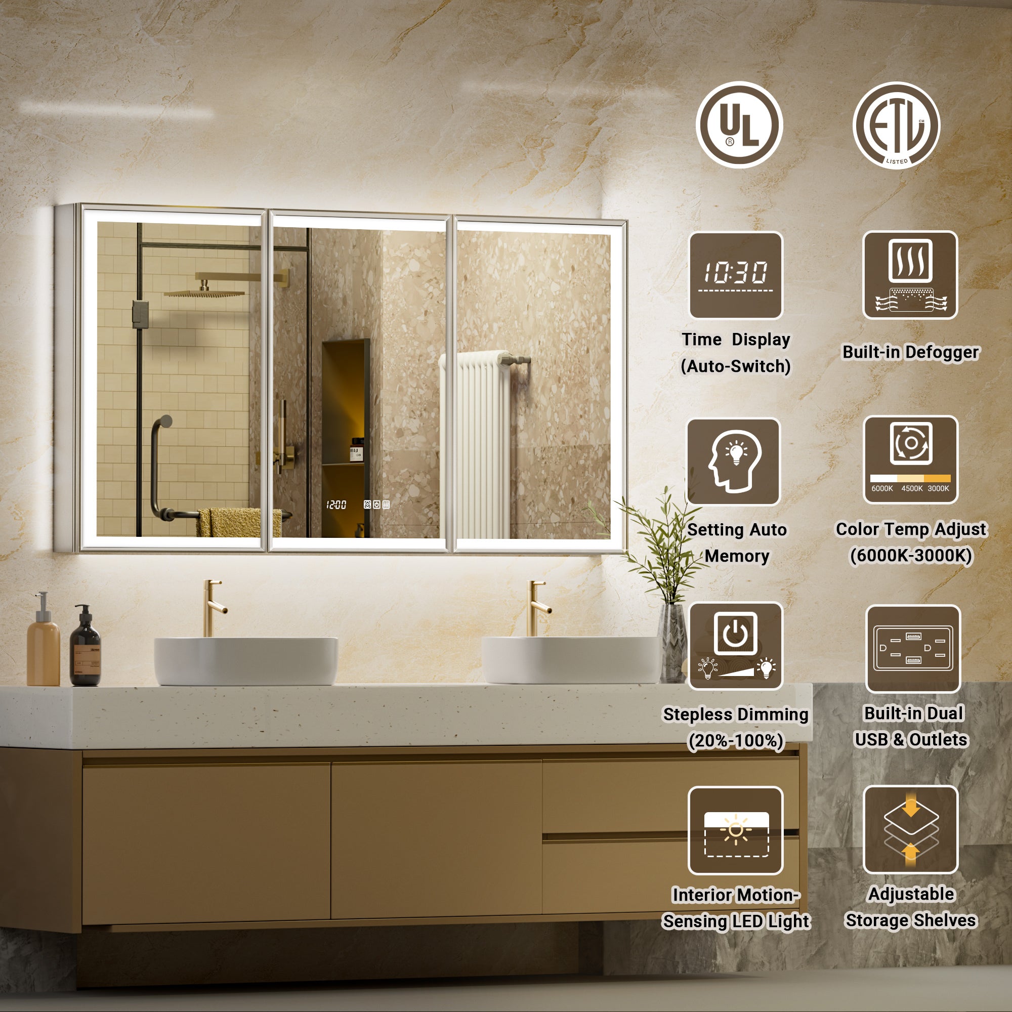 LumiEdge 60x30'' Beveled Nickel-Framed LED Medicine Cabinet