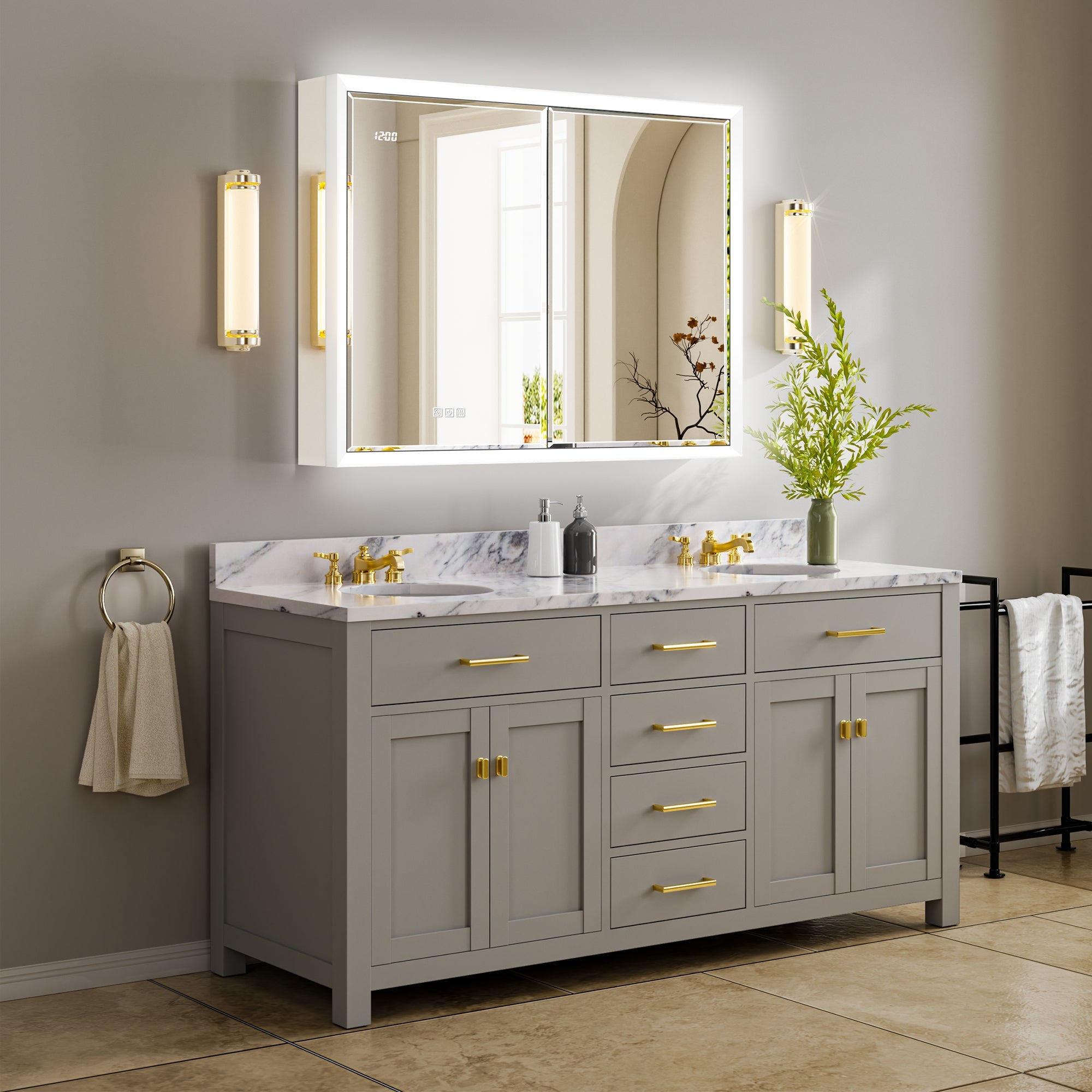 Double Door Lighted Medicine Cabinet with Beveled Mirror QueenFun