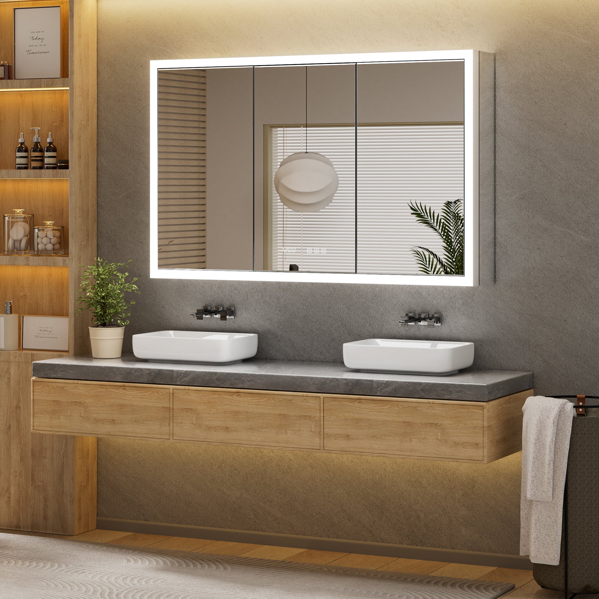 Queenfun Triple Door Lighted Medicine Cabinet with Beveled Mirror QueenFun